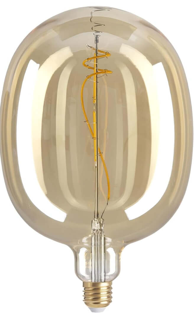 Oversized oval LED Edison bulb with amber glass and vertical spiral filament.