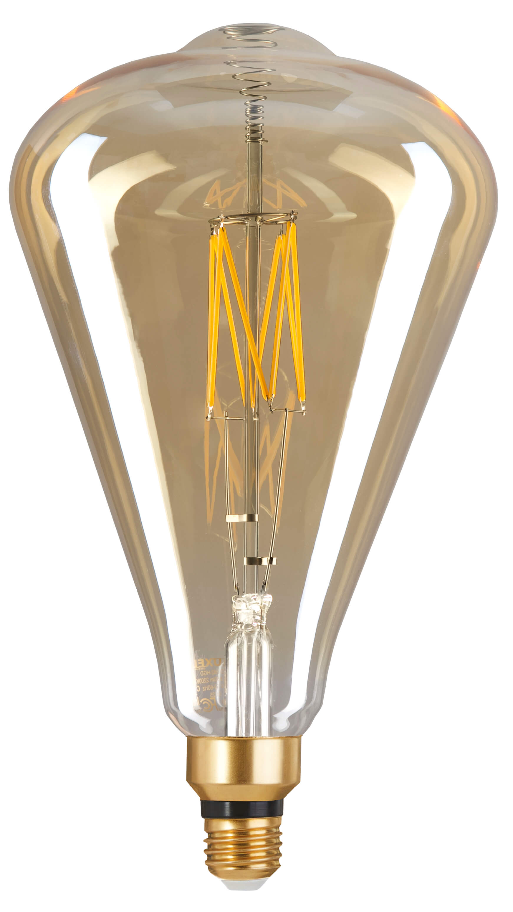 Oversized LED Edison-style bulb with amber-tinted gold glass and E26 base