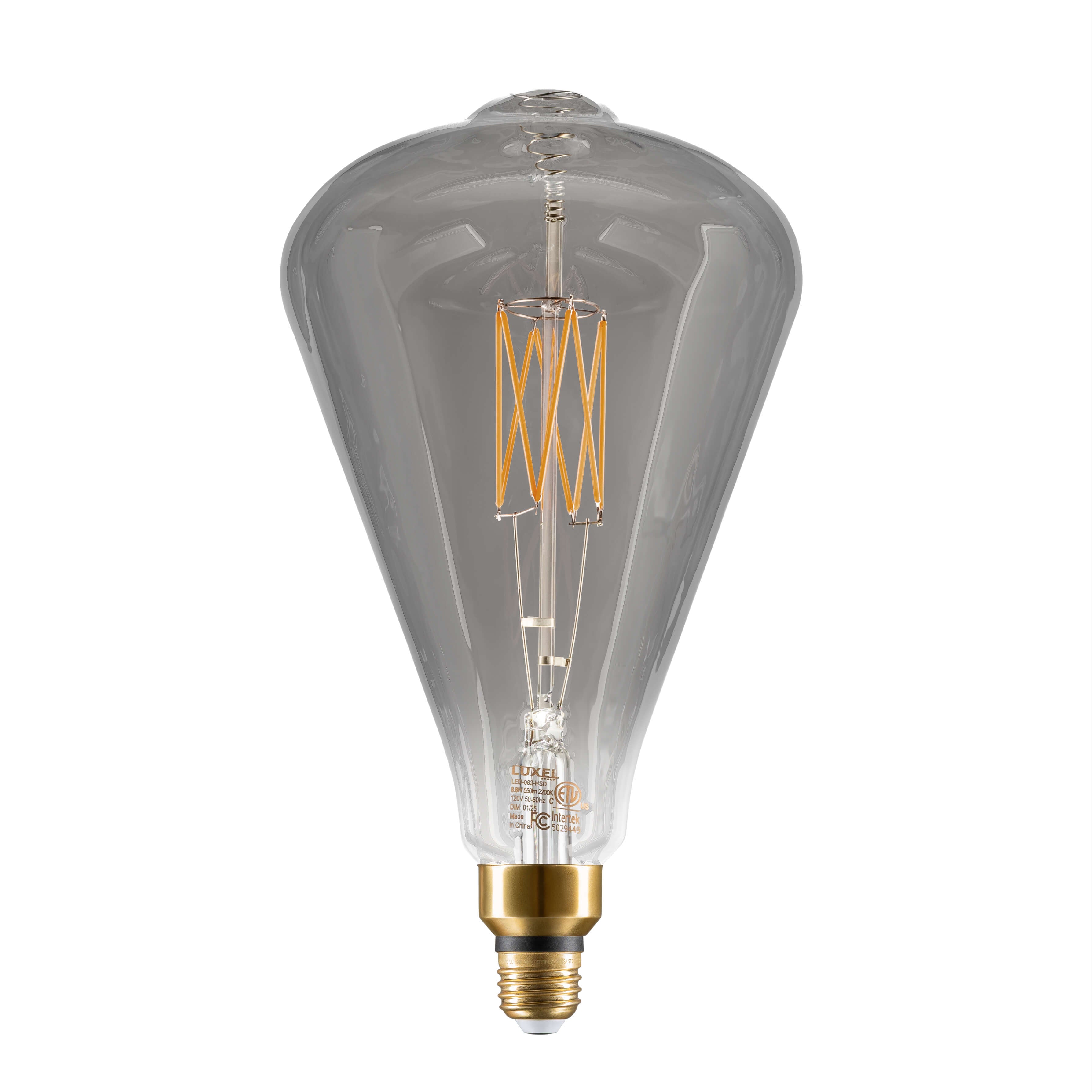 Close-up of the ST164 smoky glass LED bulb showing vintage-style filament and gold E26 base