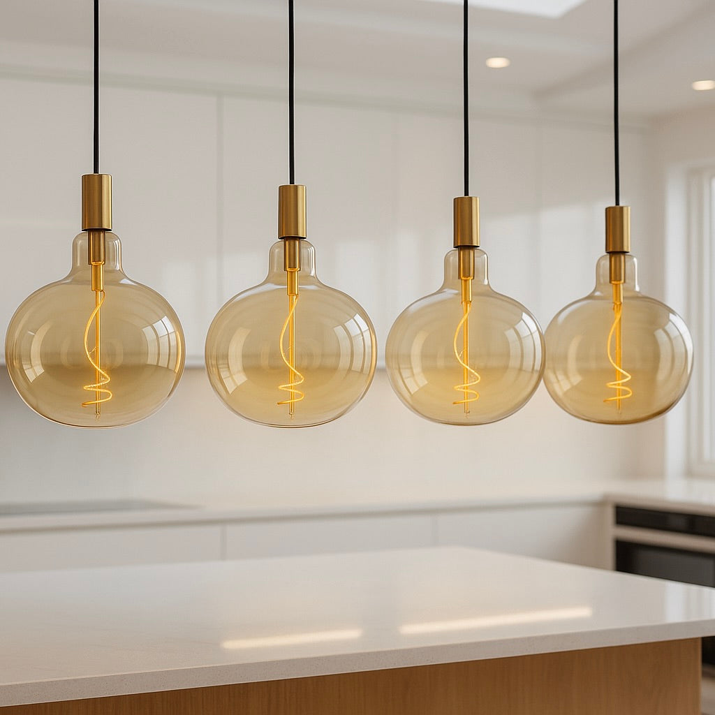 Four hanging pendant lights with glass shades and gold fixtures in a modern kitchen setting.