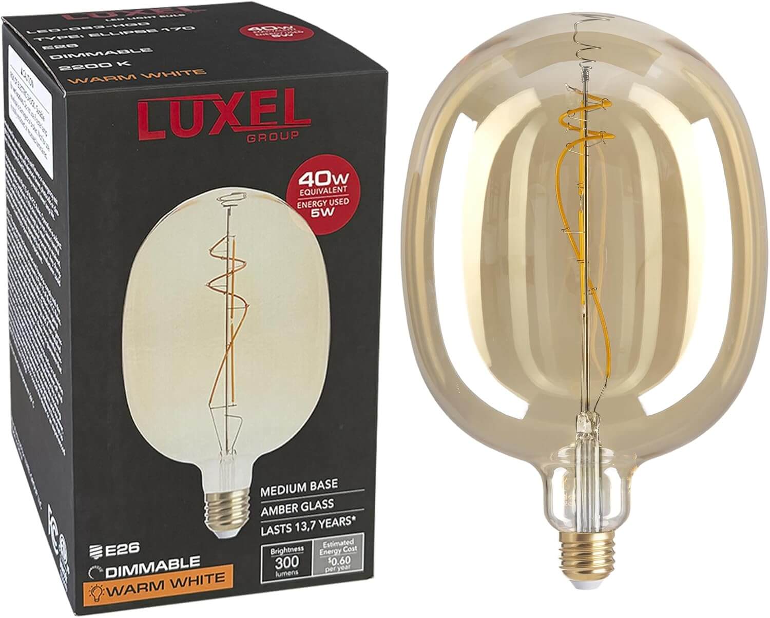 Luxel Group LED light bulb model Ellipse 170 with packaging shown alongside the bulb.
