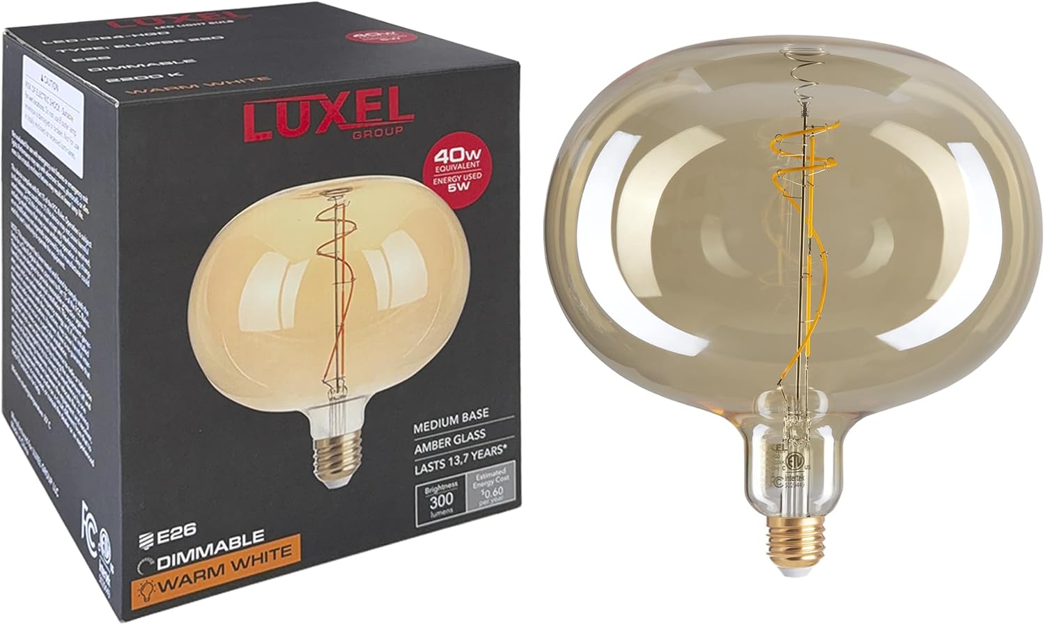 Luxel oversized amber Edison LED bulb next to its retail box showcasing product features and specs