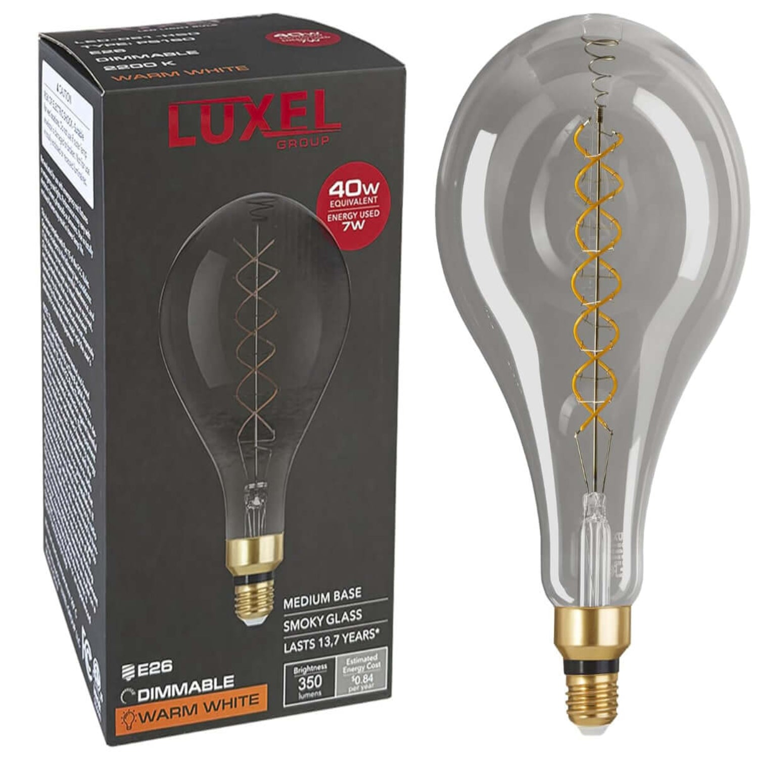 Luxel Group oversized smoky glass LED bulb with spiral filament and E26 base, displayed with original box.
