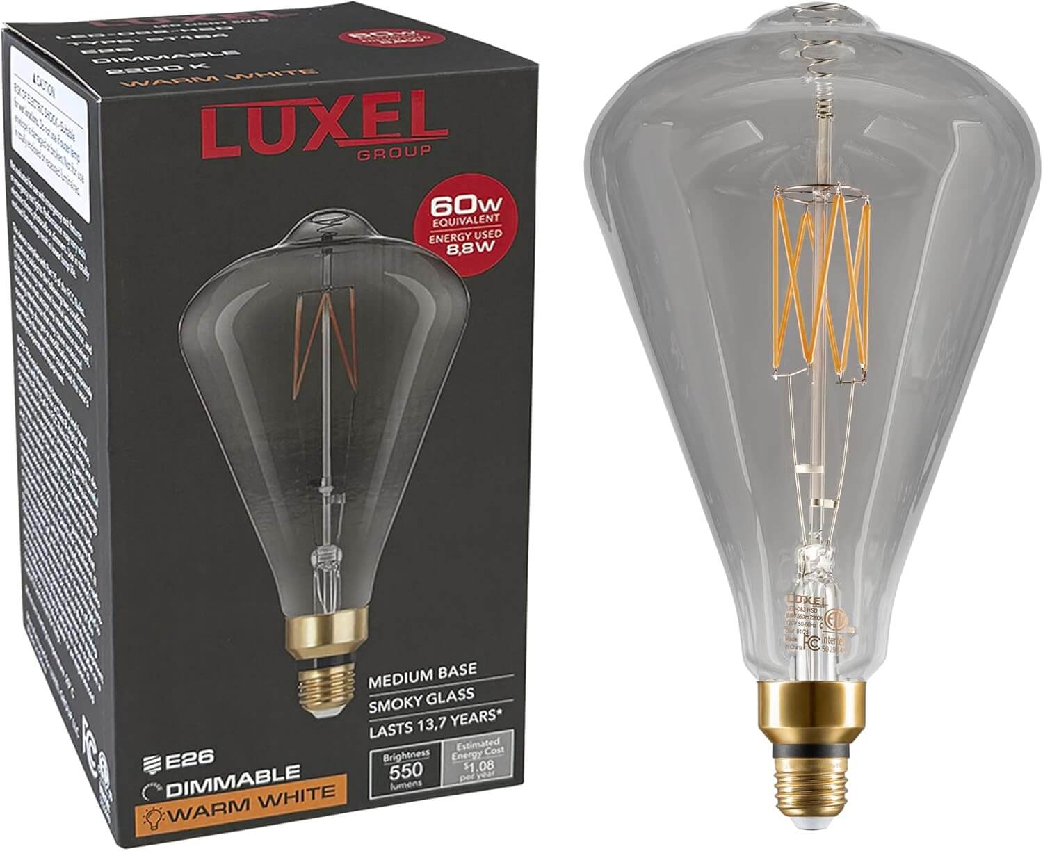 Luxel ST164 smoky LED bulb next to retail packaging with 60W equivalent and warm white features
