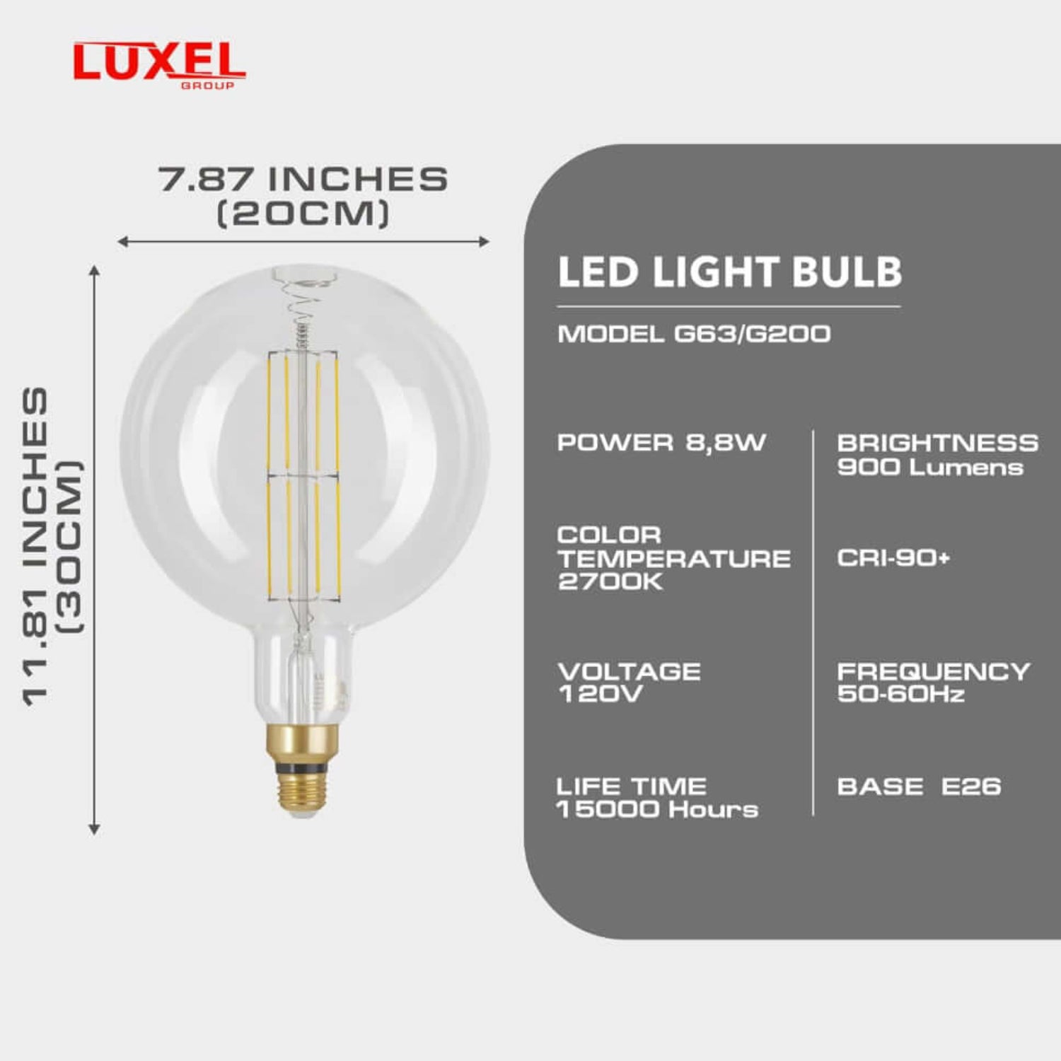 Technical specifications of Luxel G63/G200 clear glass LED bulb: 8.8W, 2700K, 900 lumens, CRI 90+, E26 base