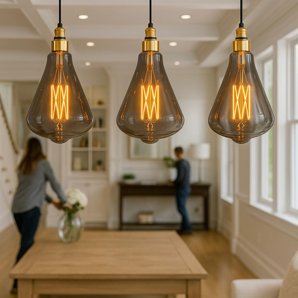 Three vintage-style light bulbs hanging in a room with people in the background.