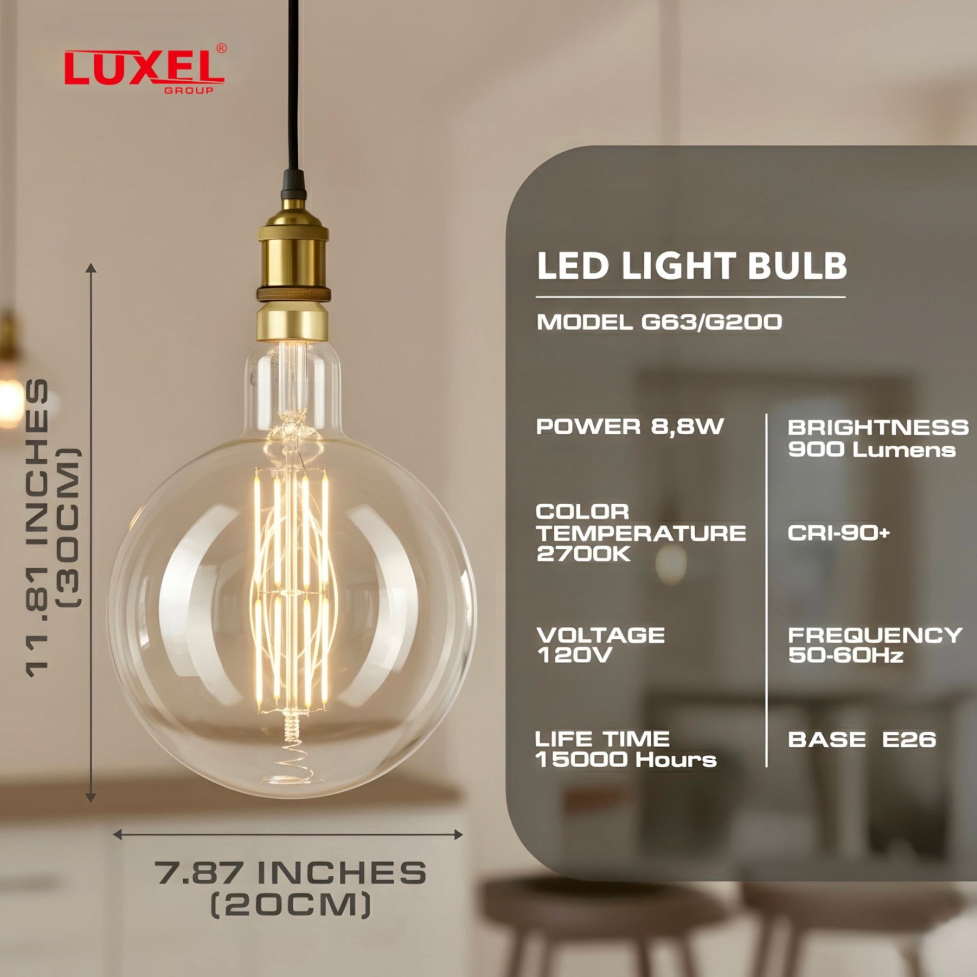 Luxel LED light bulb with specifications on a blurred background