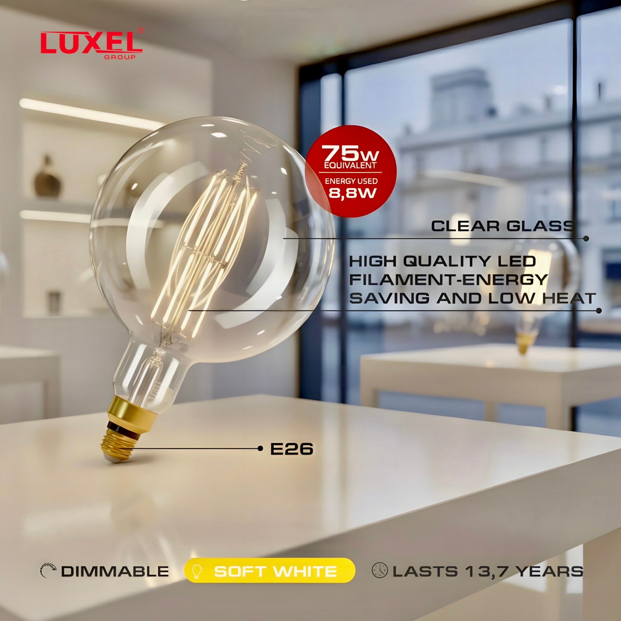 Luxel LED light bulb on a table with product features highlighted