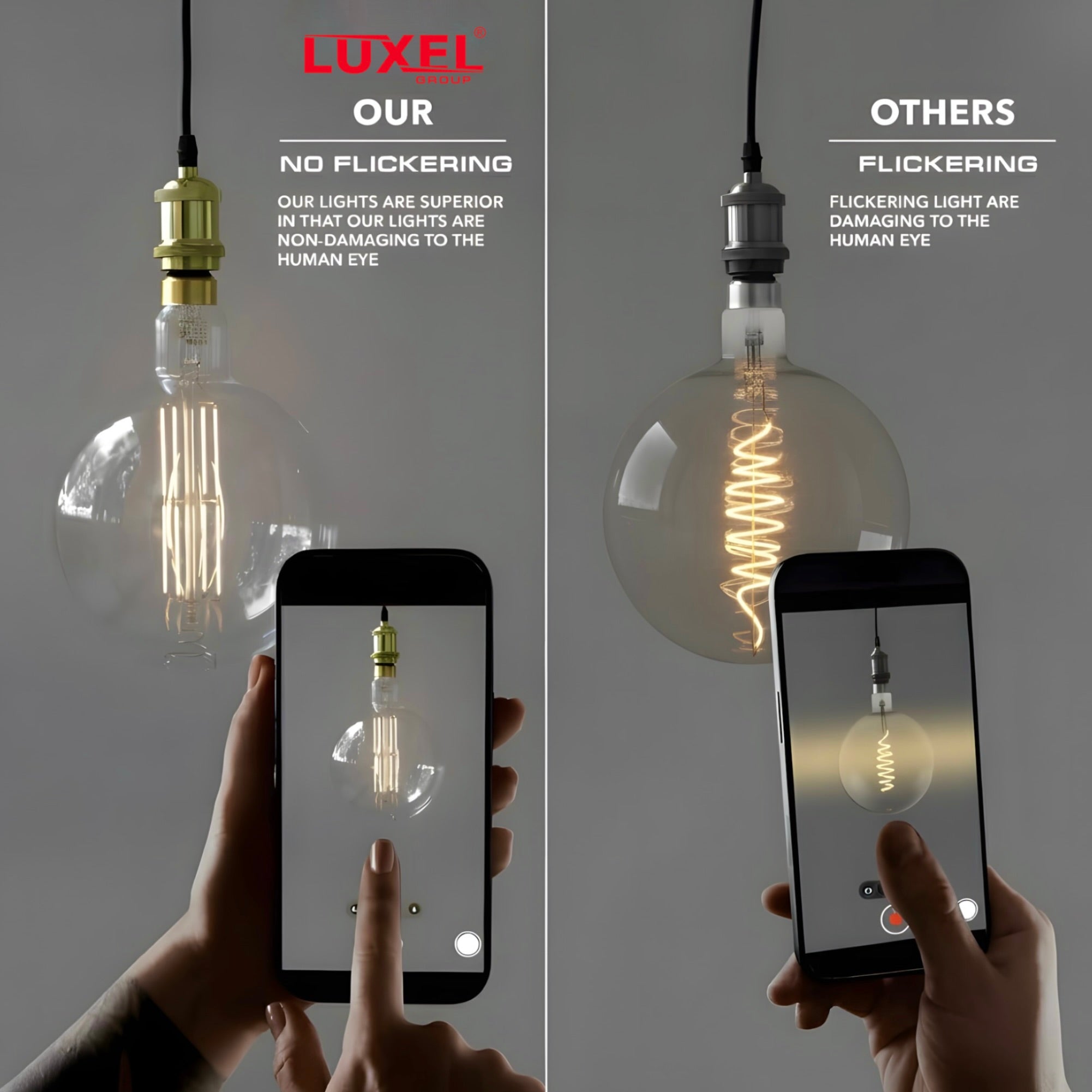 Comparison of Luxel light bulbs with flickering lights on smartphones, highlighting Luxel's superior quality.