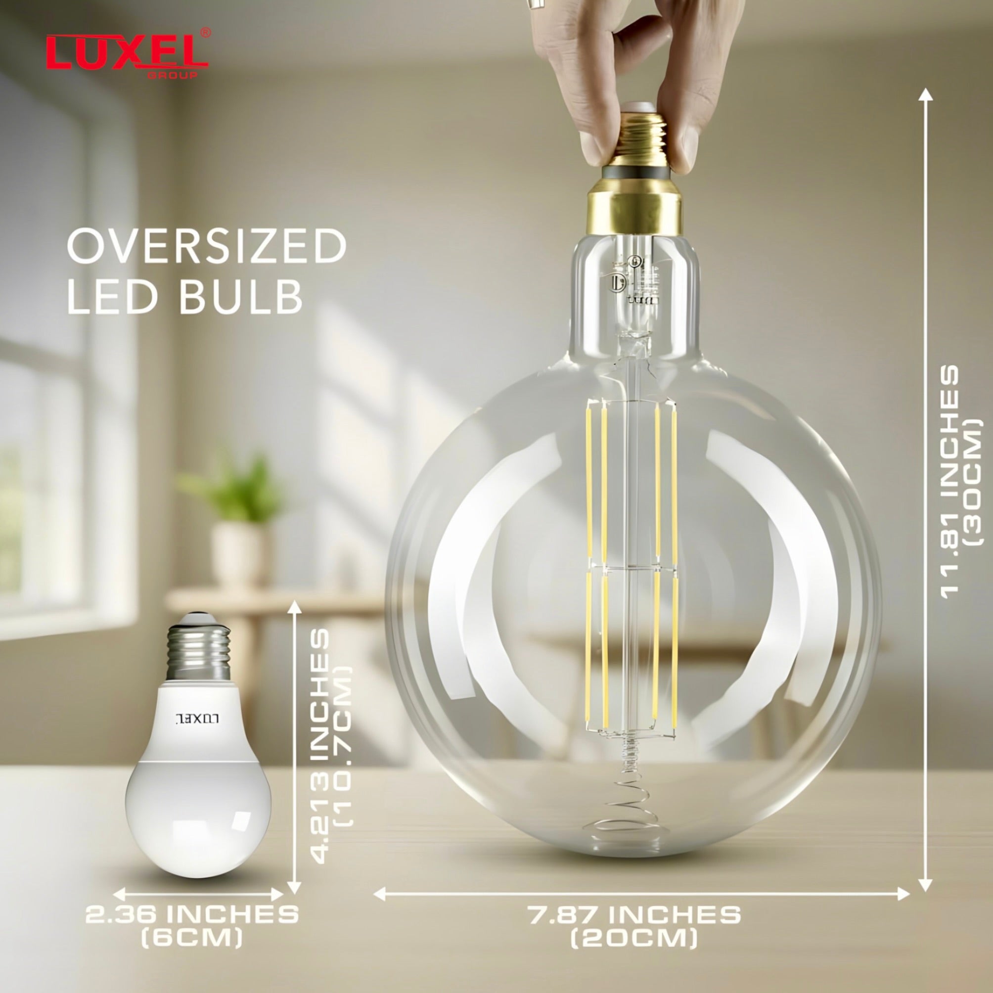 Luxel oversized LED bulb with a hand holding it, showing size comparison with a regular bulb, and measurements.