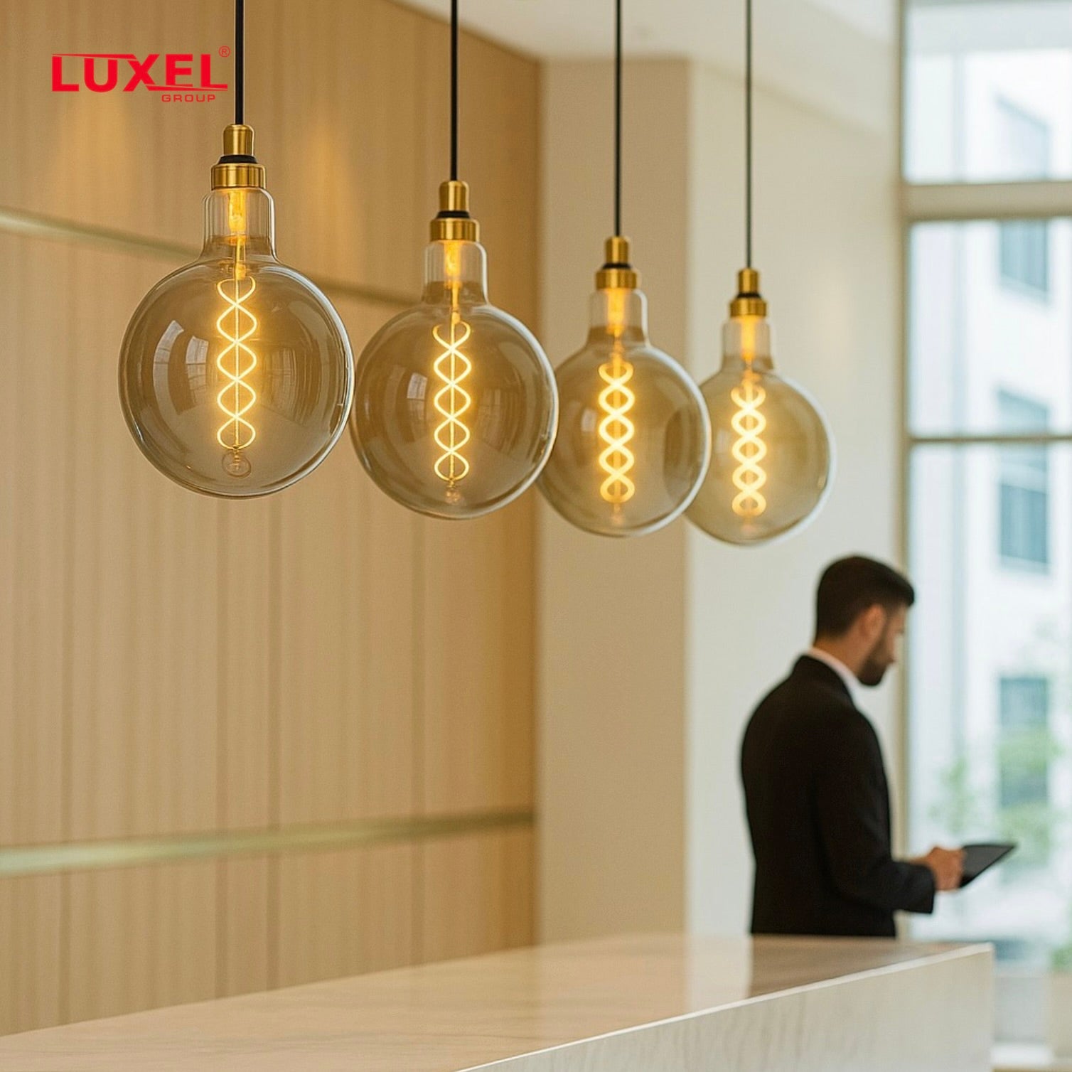 Luxel light bulbs hanging in a modern office setting with a man using a tablet.