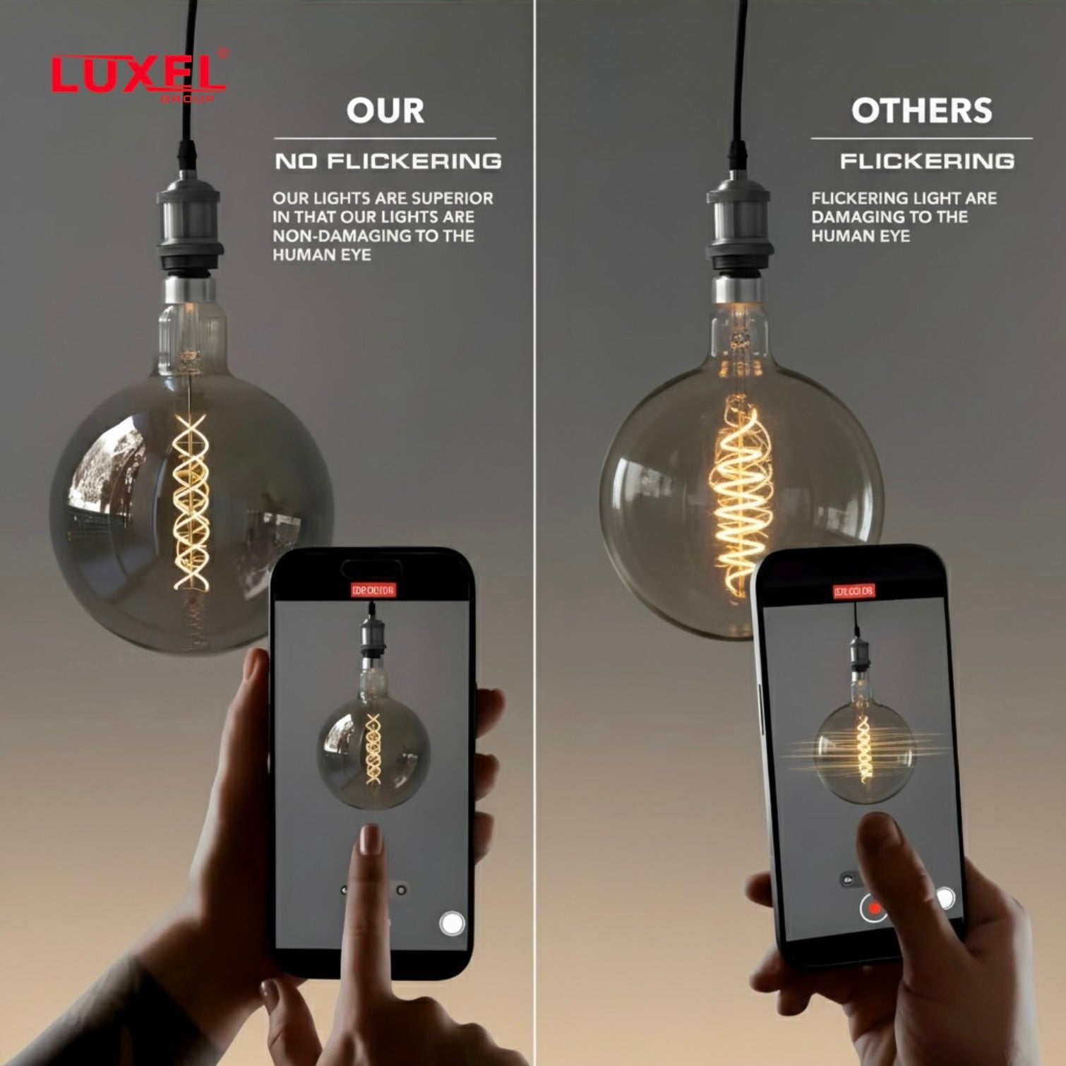 Comparison of Luxel light bulb with flickering lights on a smartphone screen, highlighting Luxel's superior quality.