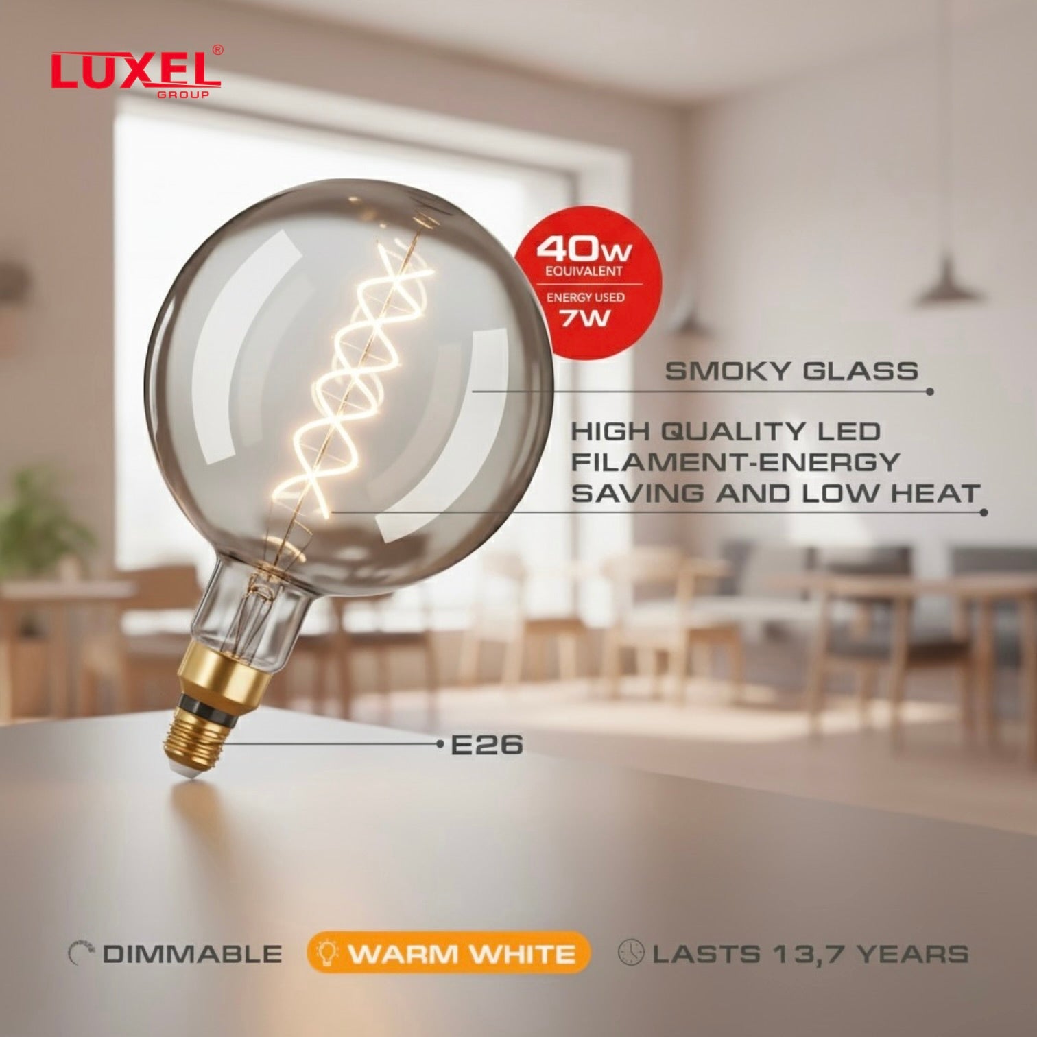 Luxel LED light bulb with product details on a blurred indoor background