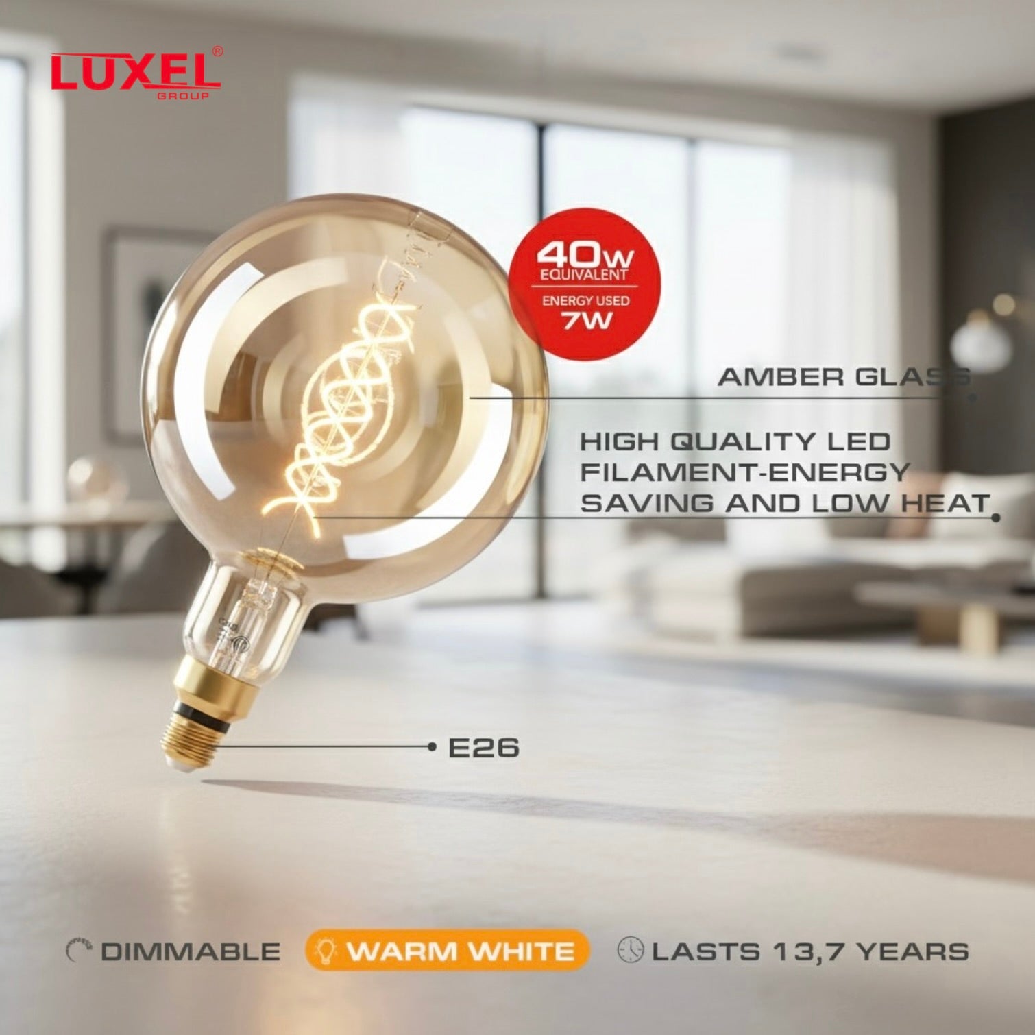 Luxel LED filament light bulb on a blurred indoor background