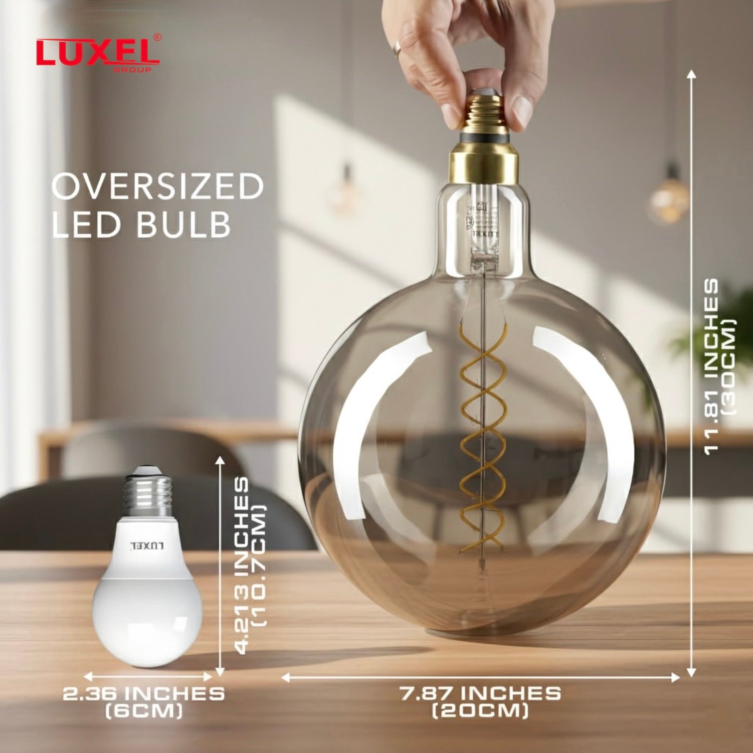 Luxel oversized LED bulb with a hand holding it, showing size comparison and measurements.