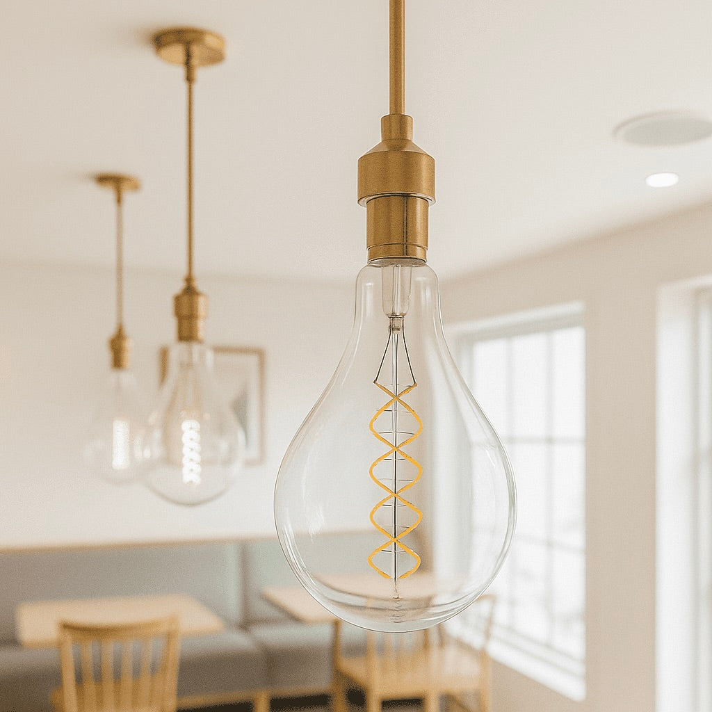 Clear light bulb with gold螺旋设计 in a modern interior setting