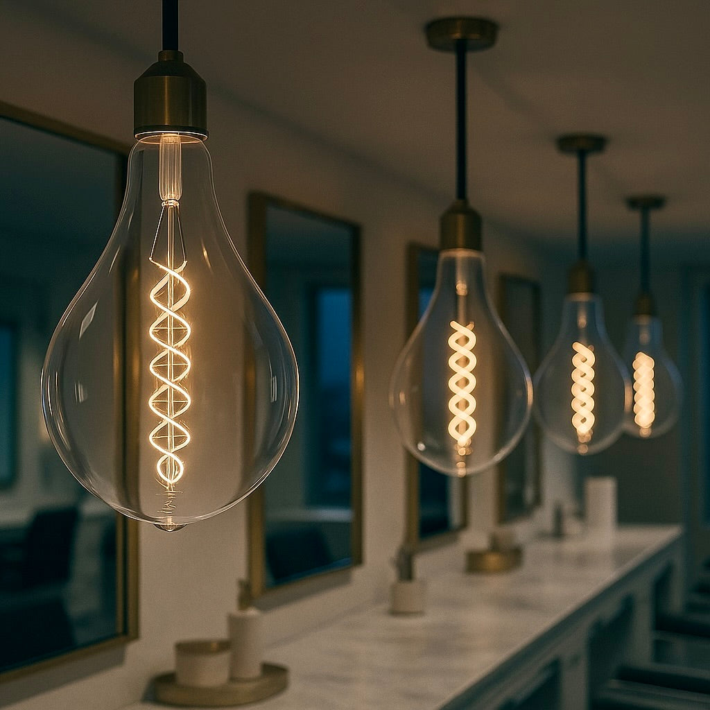 Vintage-style light bulbs hanging in a room with blurred background