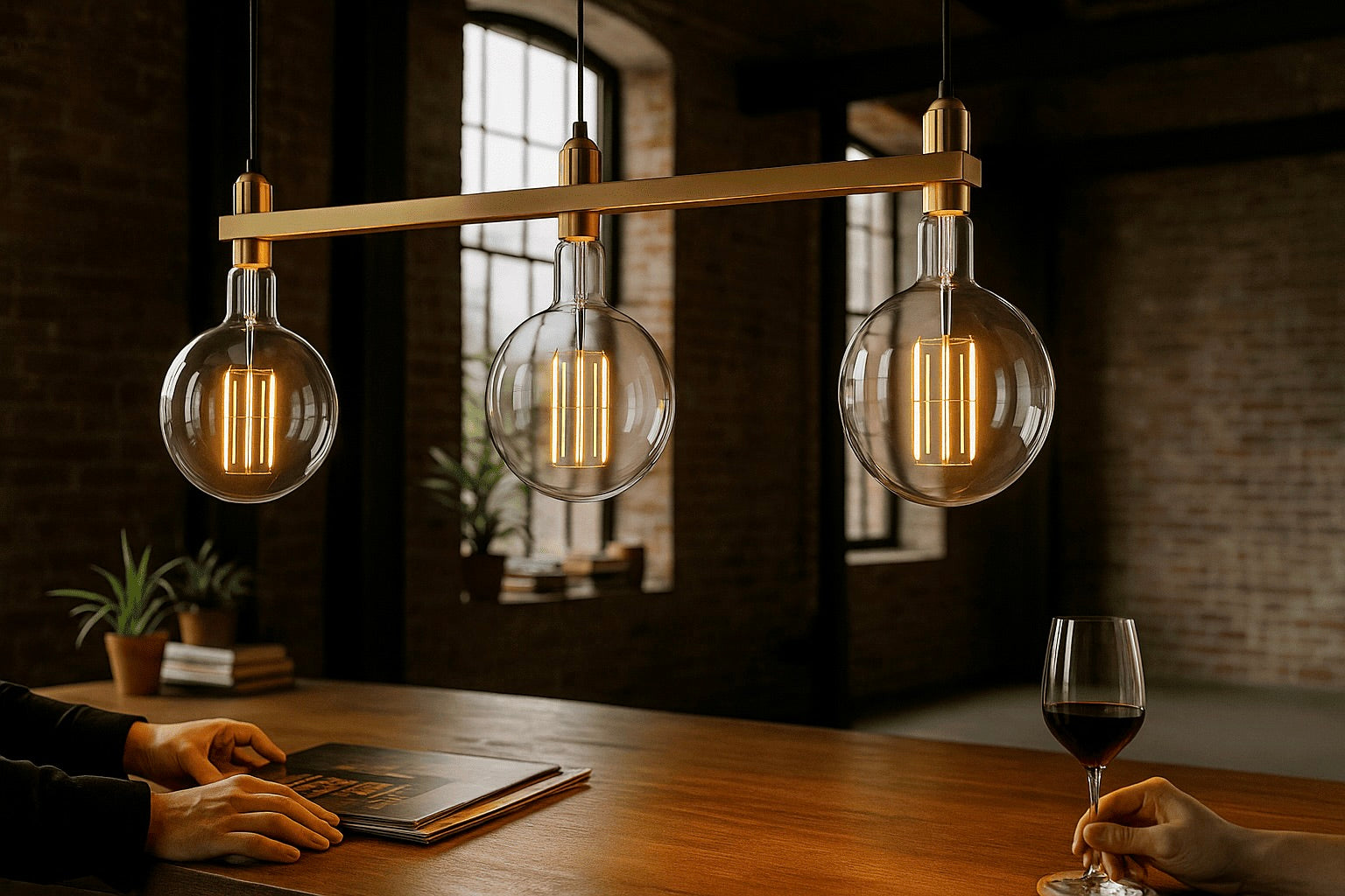 Modern pendant light fixture with three round glass shades in a cozy indoor setting.