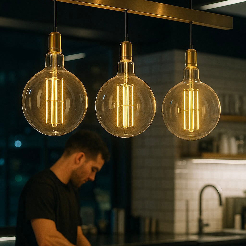 Three large, round, clear light bulbs hanging from a ceiling in a kitchen setting.