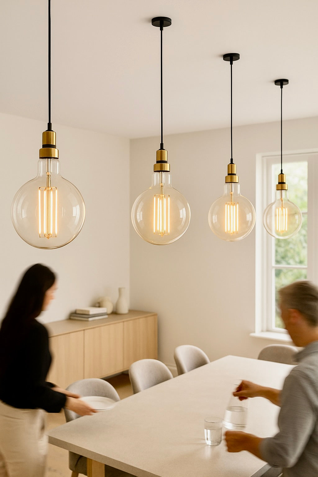 Two people sitting at a table with modern pendant lights hanging above.