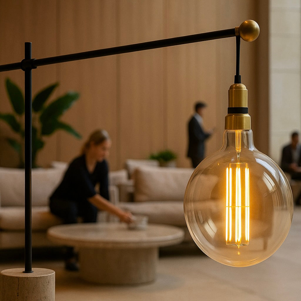 Decorative light bulb with a blurred indoor setting in the background