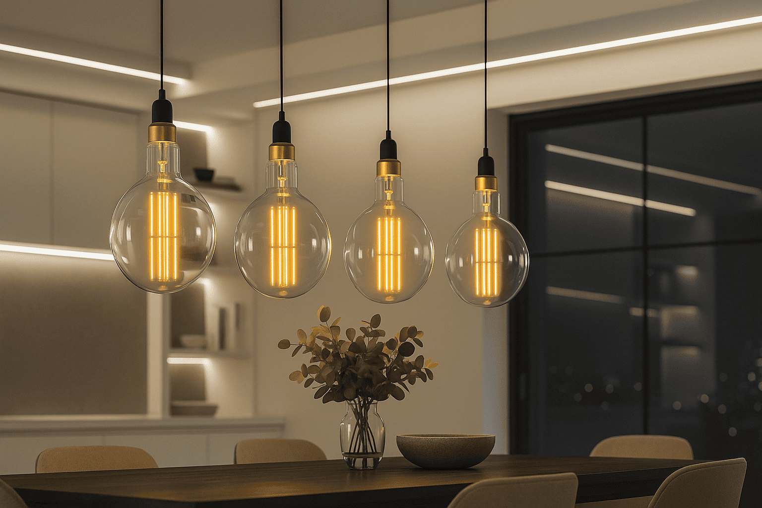 Modern dining room with pendant lights and a vase of flowers on a table.