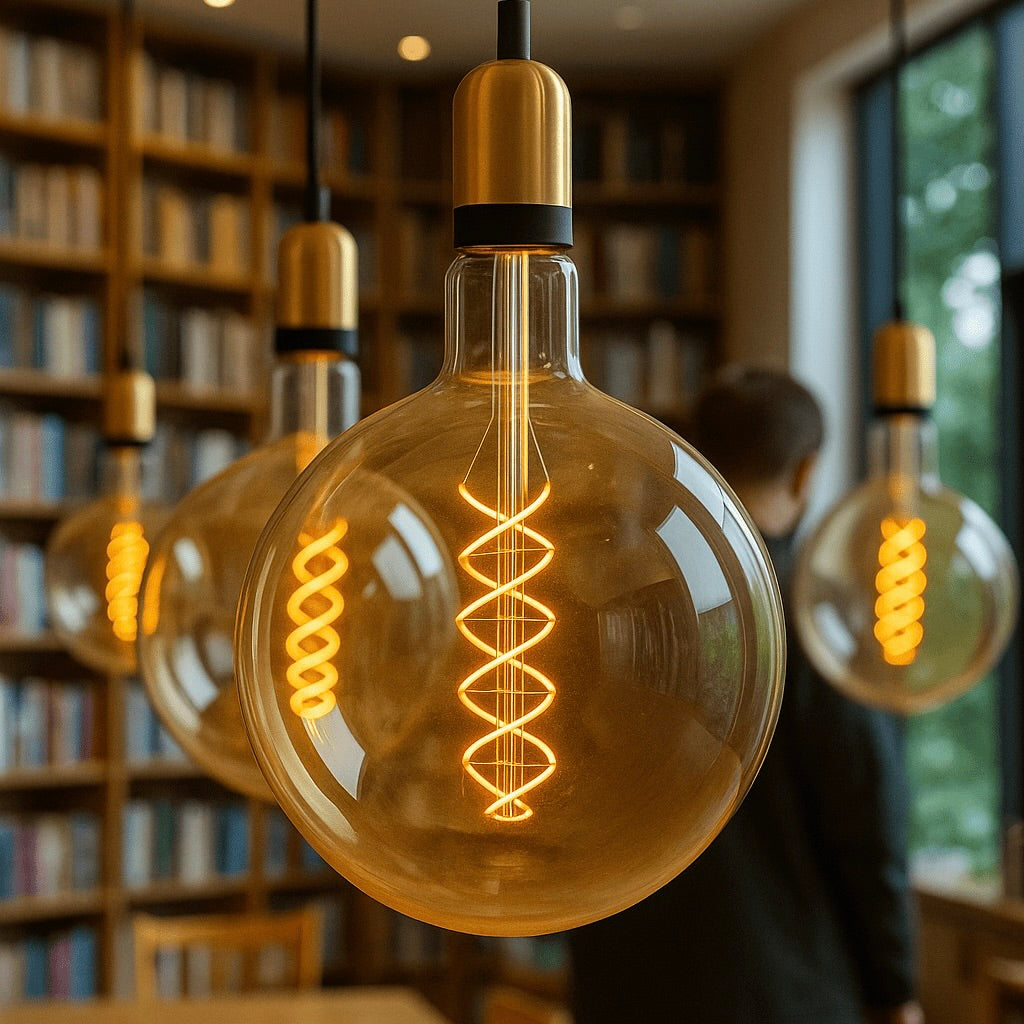 Vintage-style light bulb with a bookshelf in the background