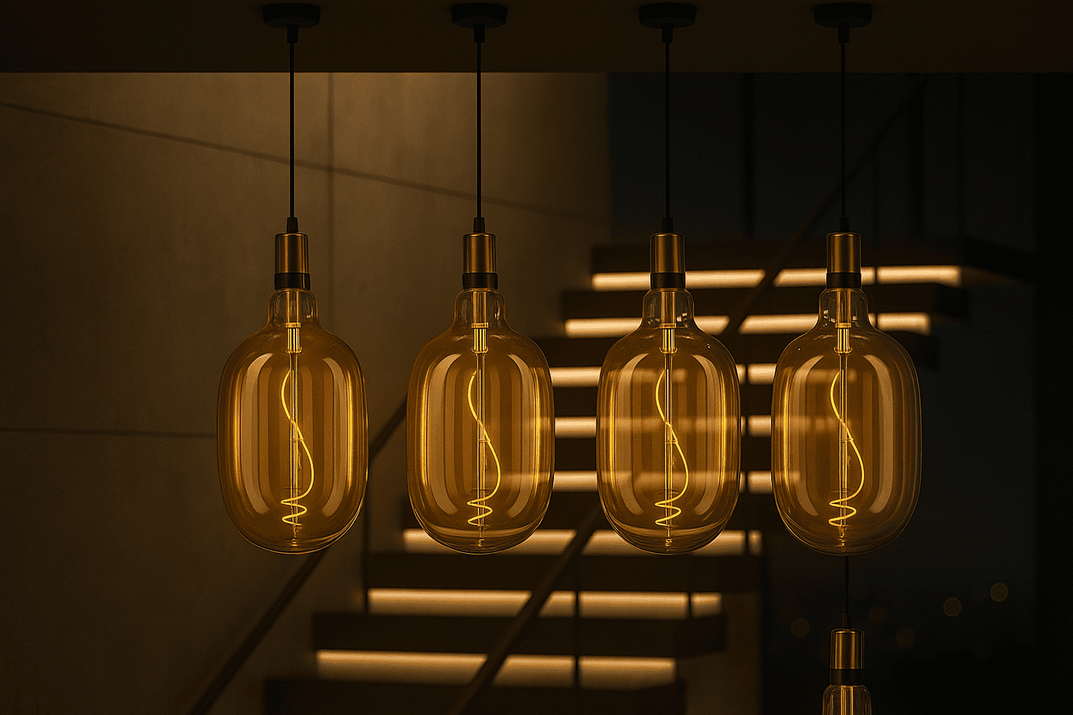 Four vintage-style light bulbs hanging in a dark setting with a blurred background