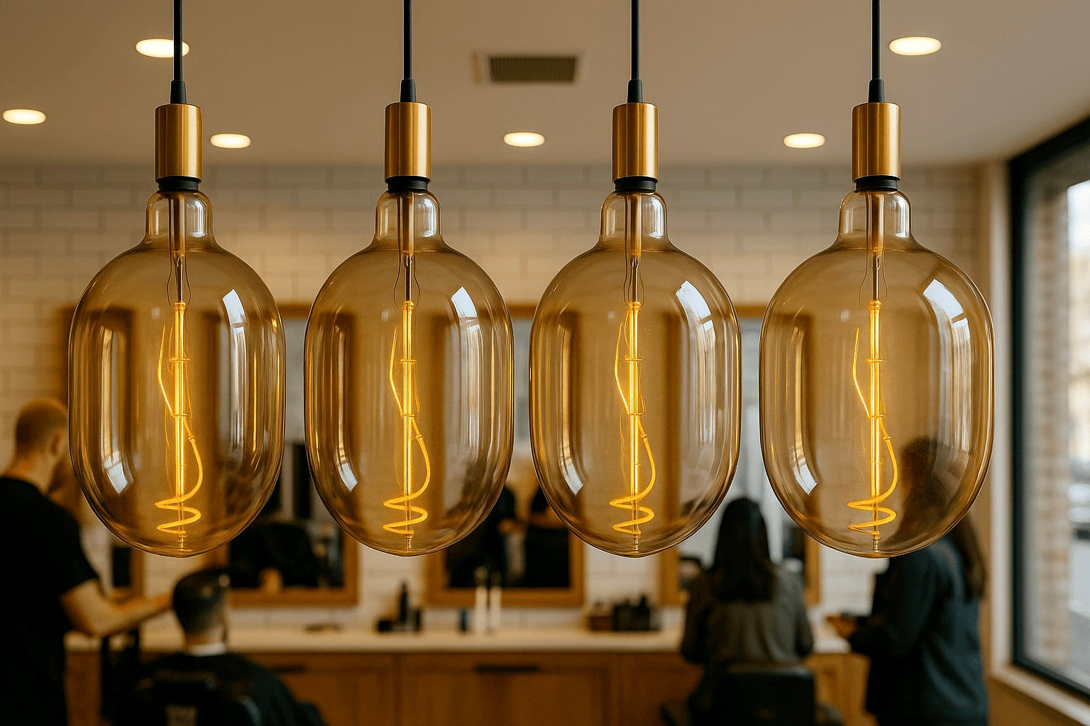 Four hanging light bulbs with visible filaments in a room setting.