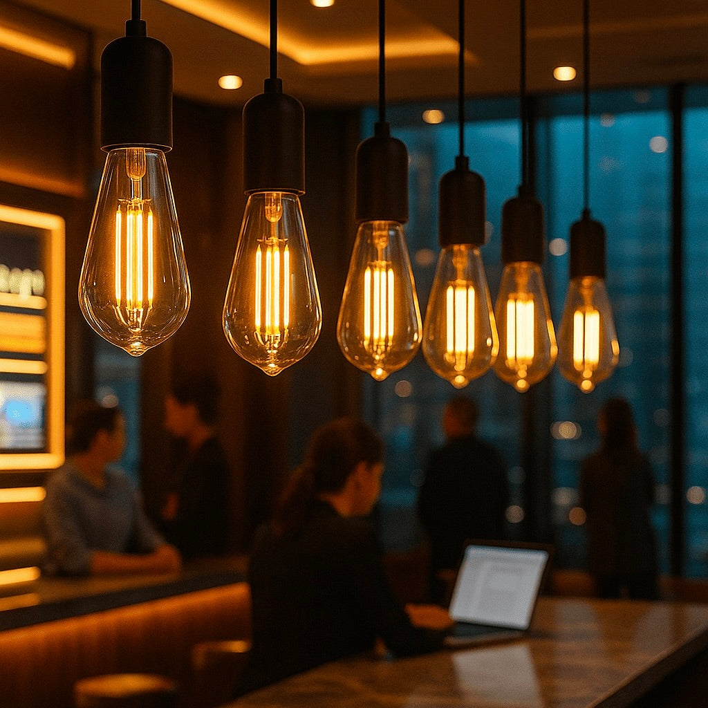 Vintage light bulbs hanging in a restaurant setting with people in the background