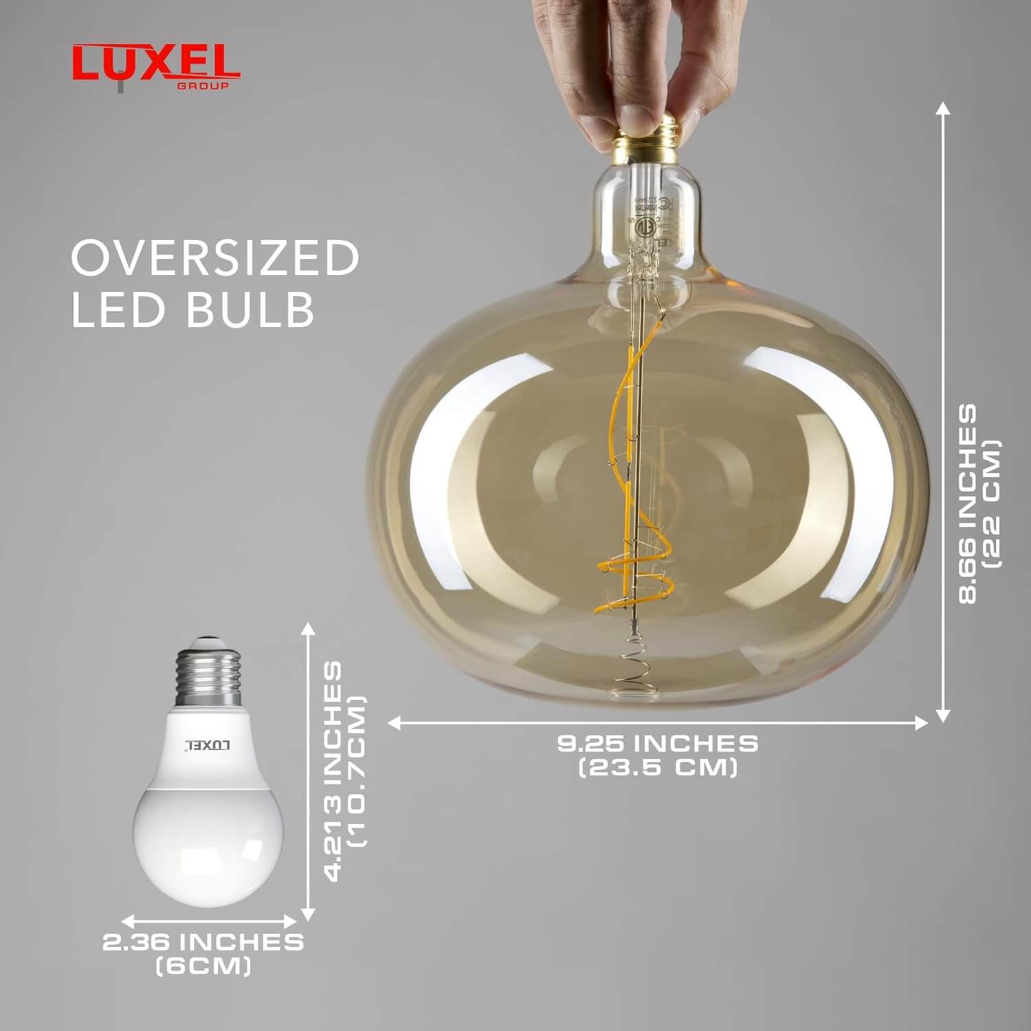 Oversized LED bulb compared to standard bulb with detailed dimensions for size reference