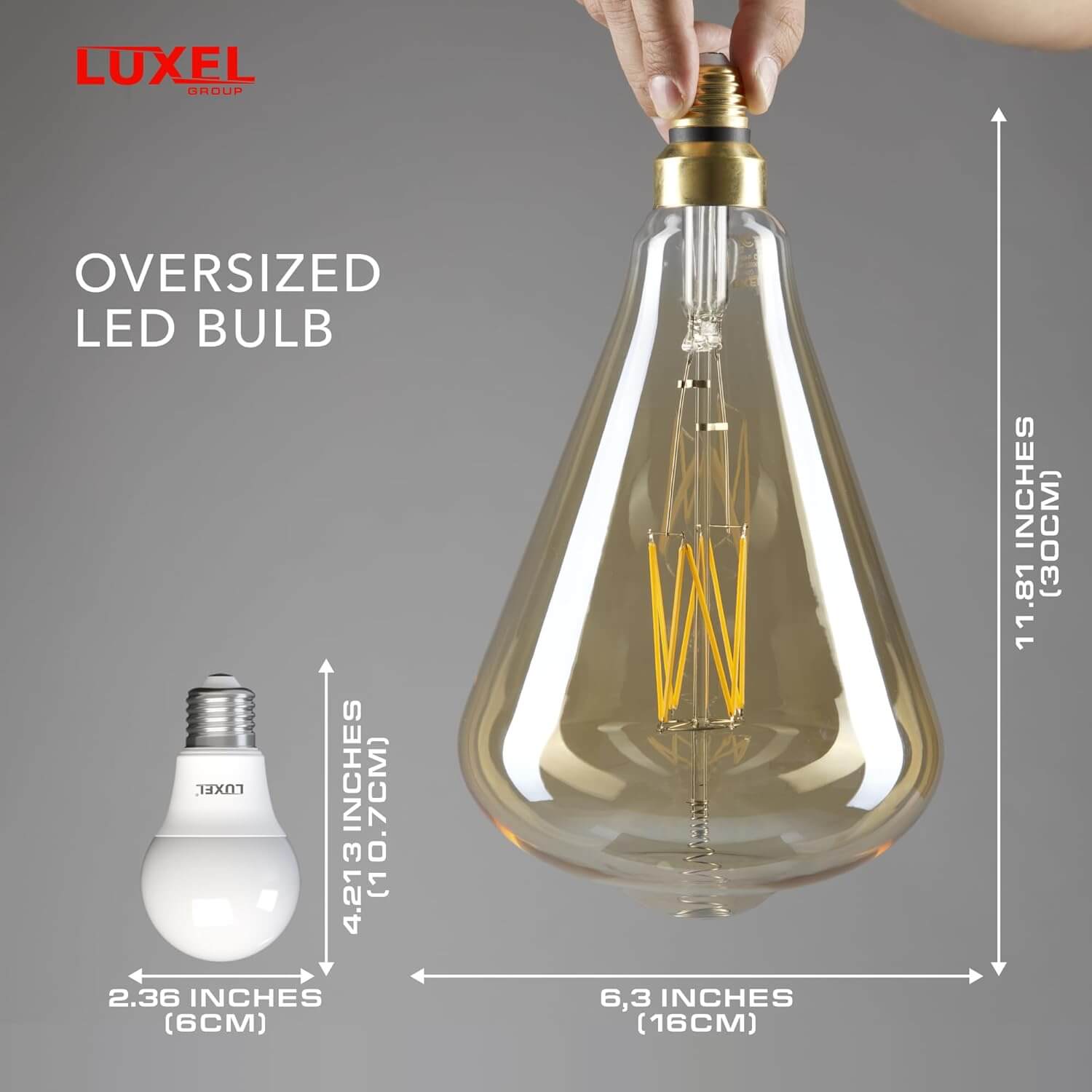 Hand holding oversized gold Edison-style LED bulb showing relative size