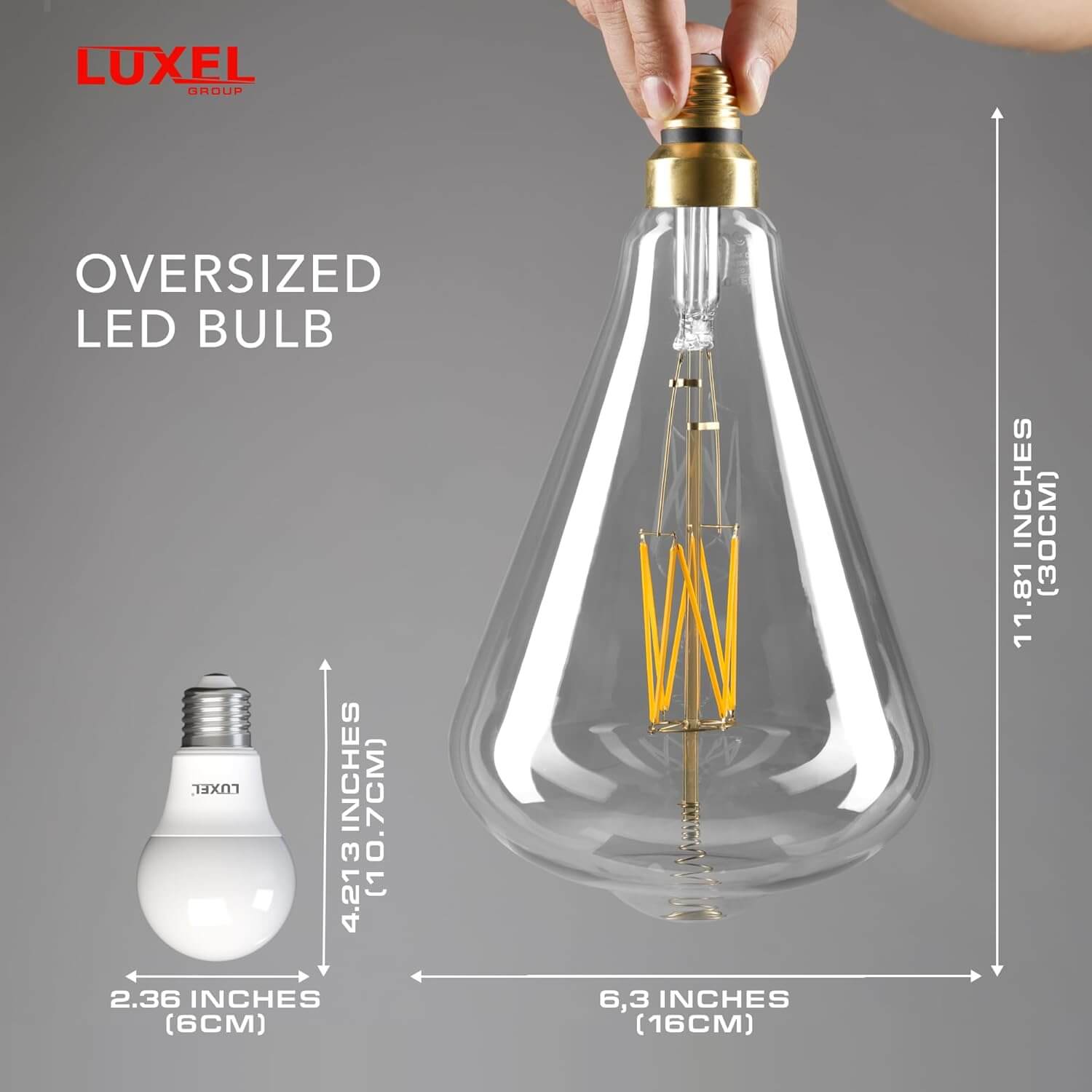 Oversized Luxel LED bulb shown with measurements in inches and centimeters next to standard bulb