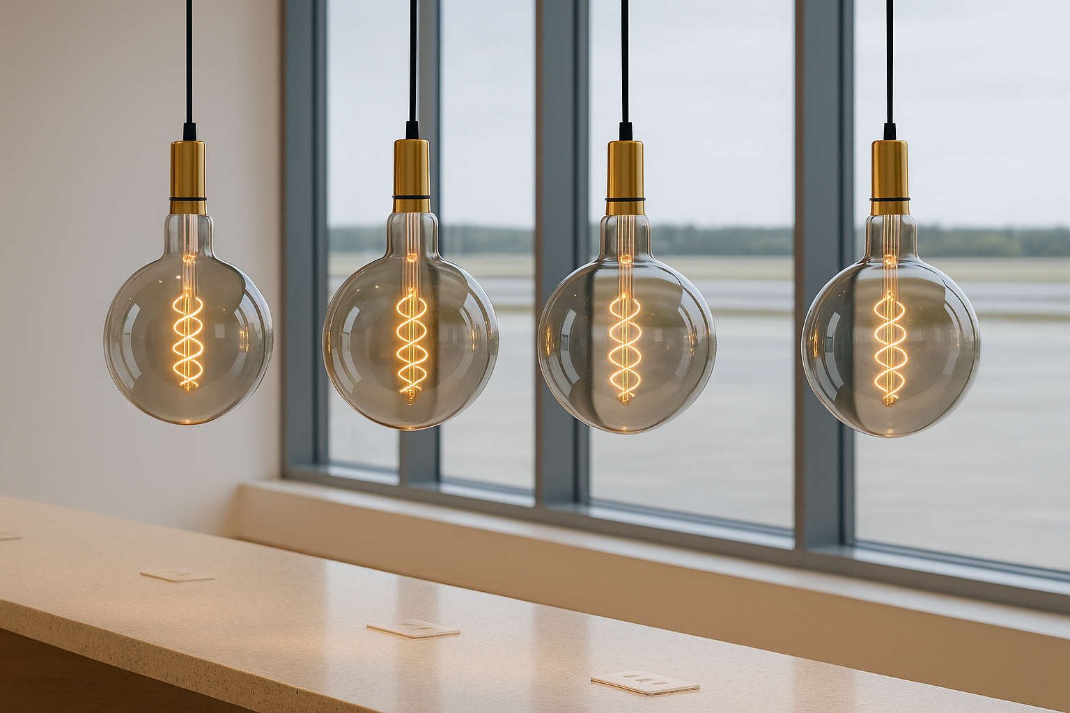 Four hanging light bulbs with spiral filaments in front of a window