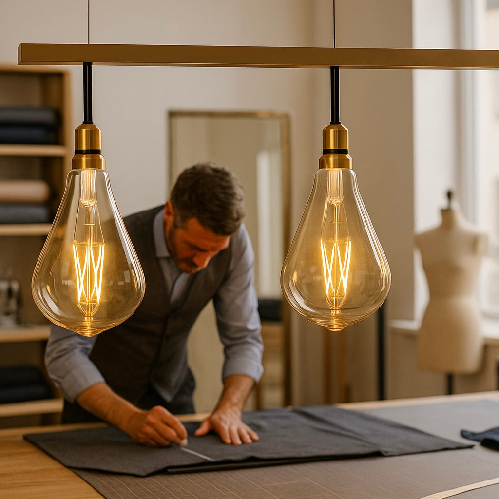 Man working on fabric at a table with a modern pendant light in the foreground