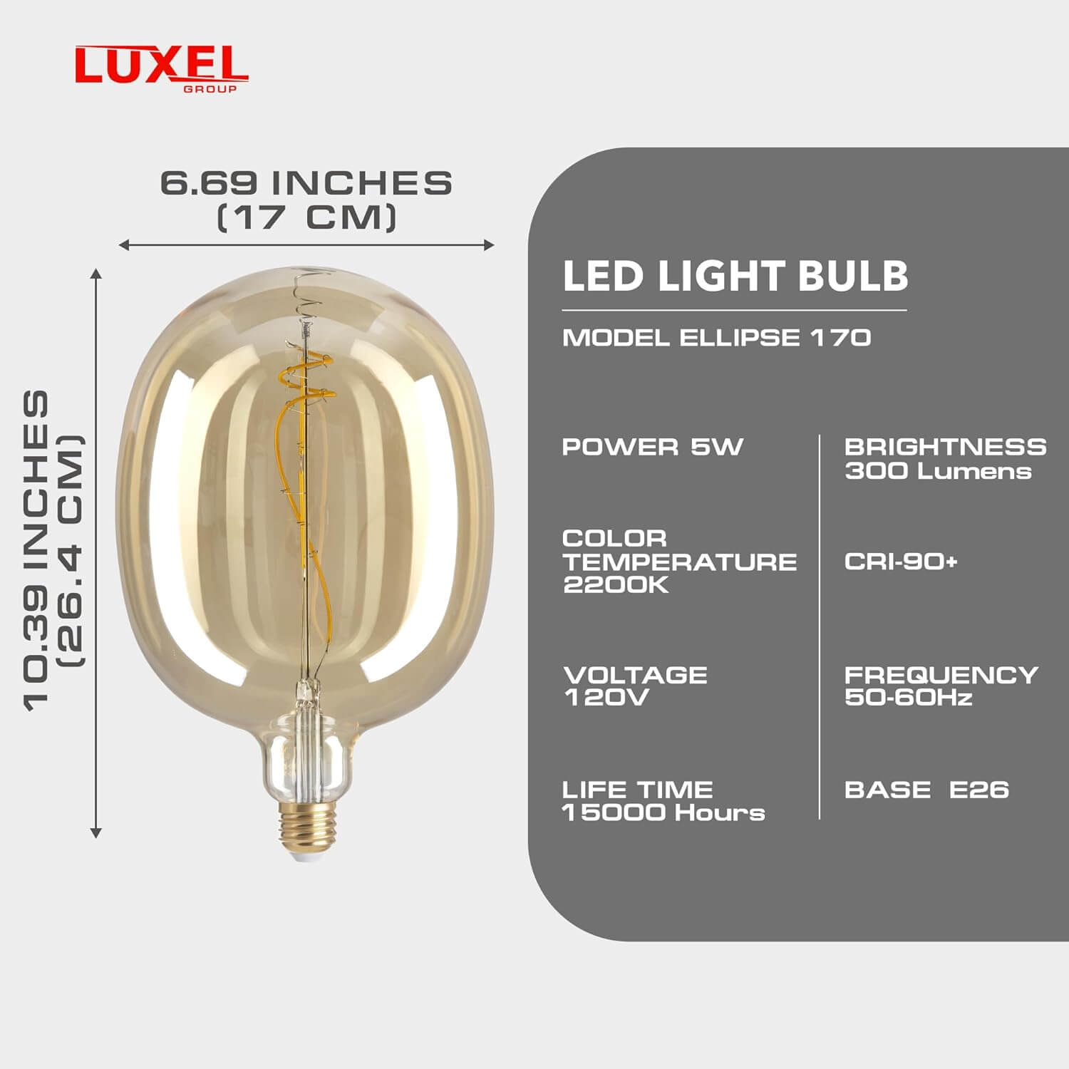 Technical specifications of the Ellipse 170 LED bulb including brightness, voltage, and lifespan.