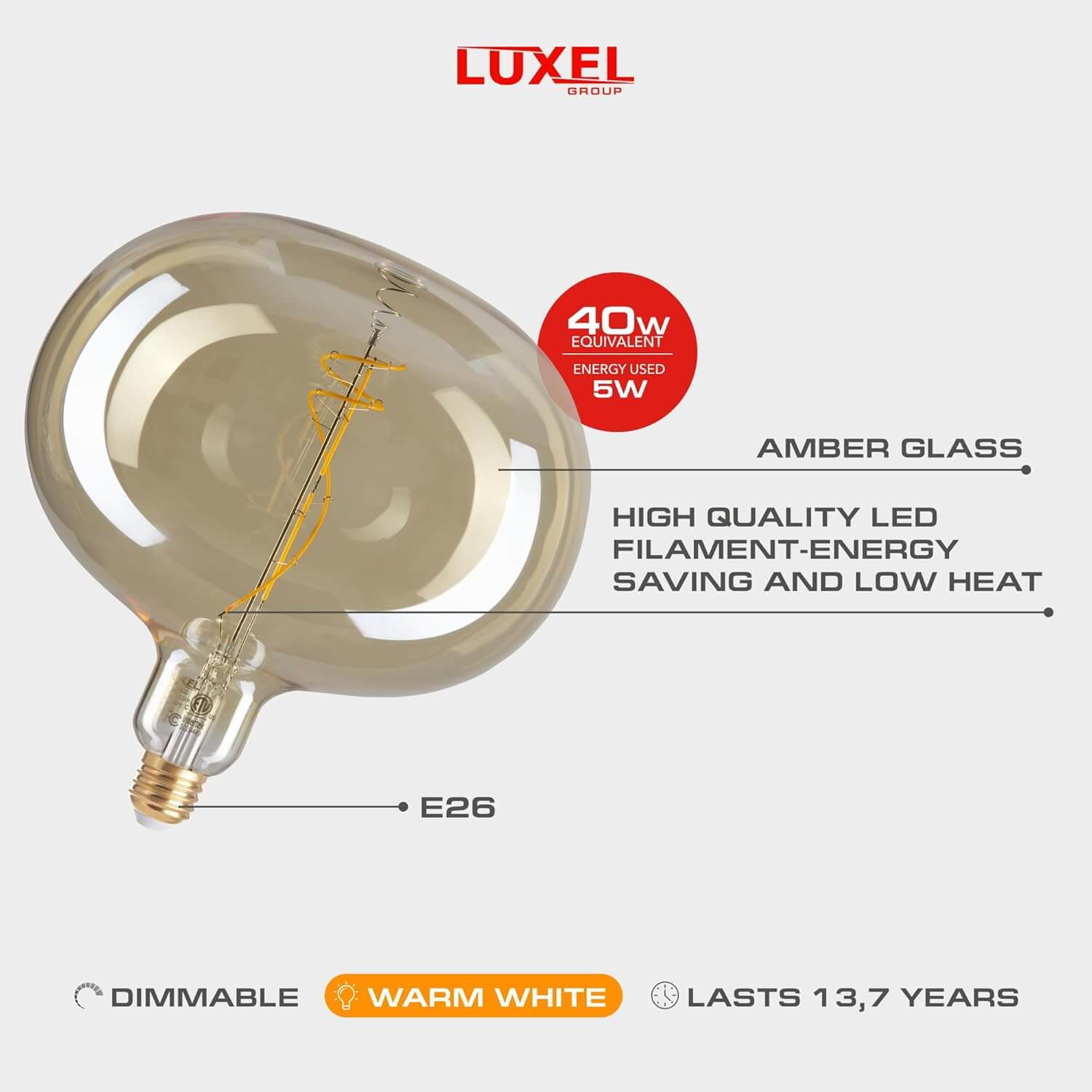 Amber glass oversized Edison LED bulb with E26 base, 5W usage, warm light, and 40W equivalence