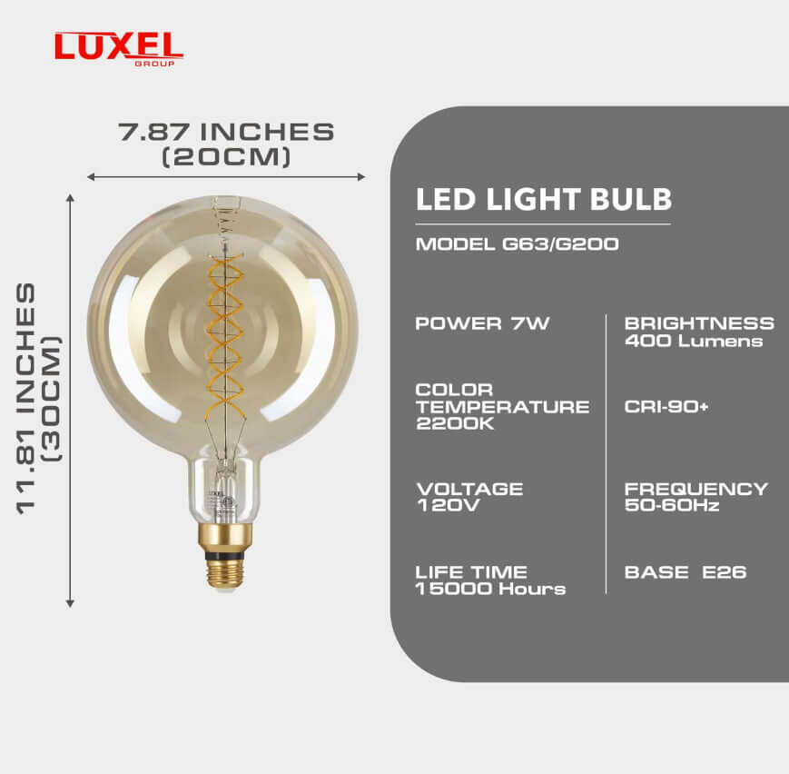 Giant amber glass LED bulb shown alongside its retail packaging, highlighting warm filament design.