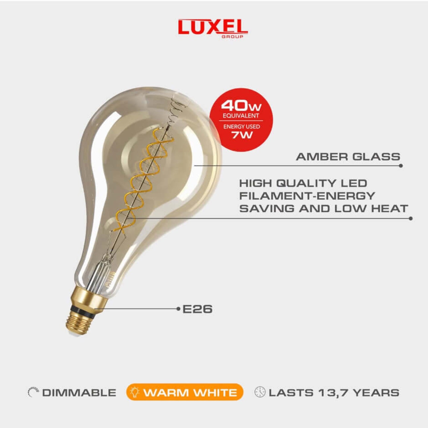 Close-up of Luxel oversized LED Edison bulb showing amber glass, E26 base, and spiral LED filament with energy specs.