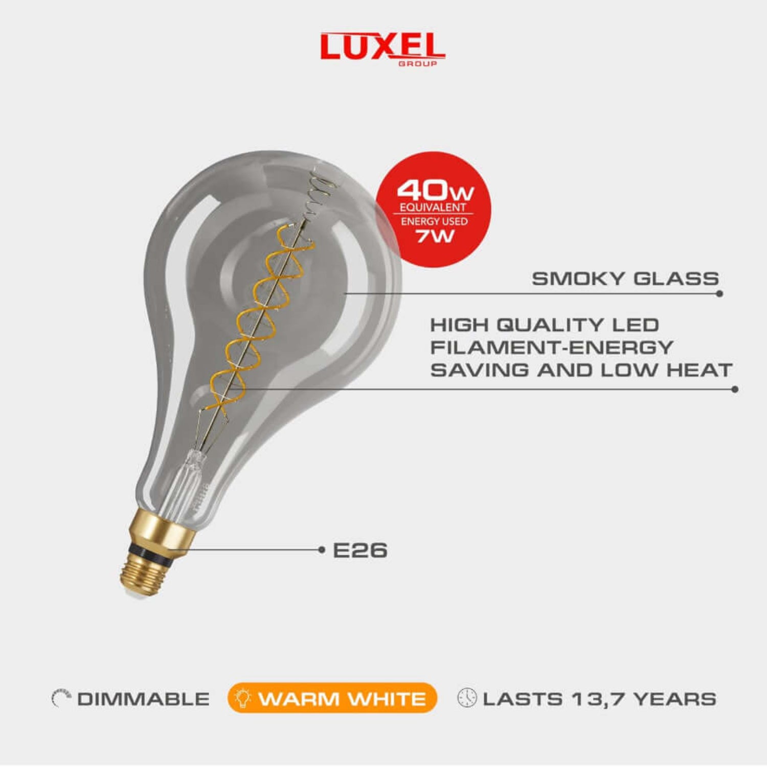 Diagram of oversized LED light bulb highlighting its smoky glass, energy-efficient spiral filament, and E26 base.
