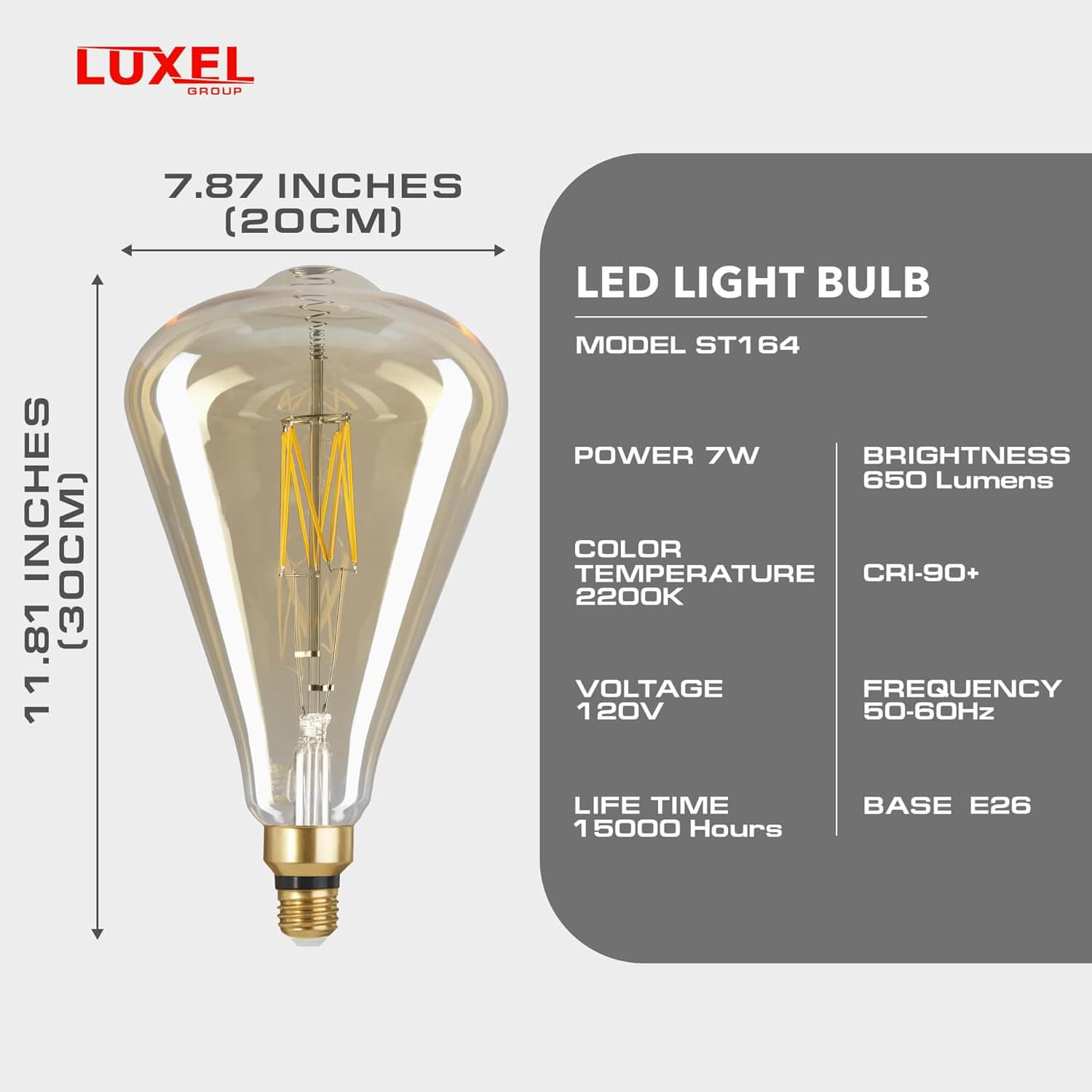 ST164 Gold LED bulb specs: 7W, 2200K, 650 lumens, E26 base