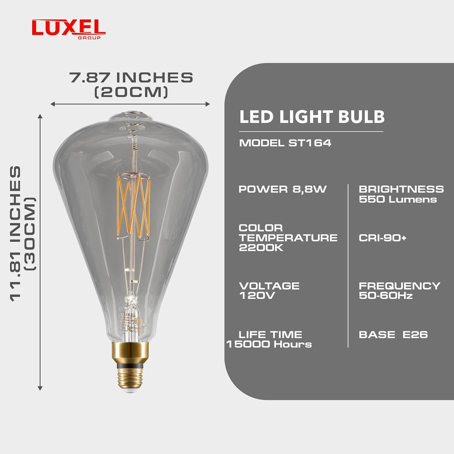 ST164 LED bulb tech specs: size, wattage, color temperature, brightness, and E26 base details