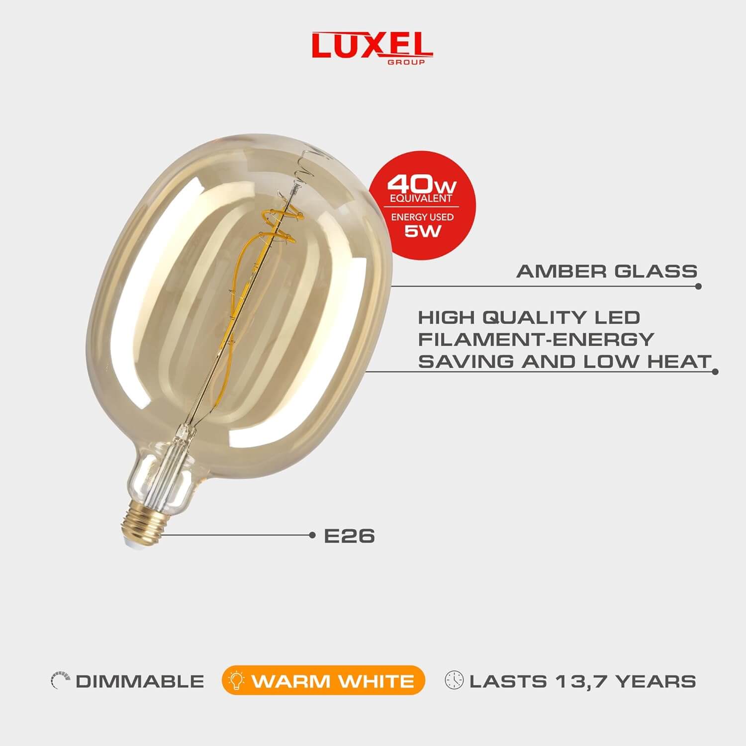 Amber glass Ellipse 170 LED bulb with highlights on energy-saving filament and warm dimmable light.