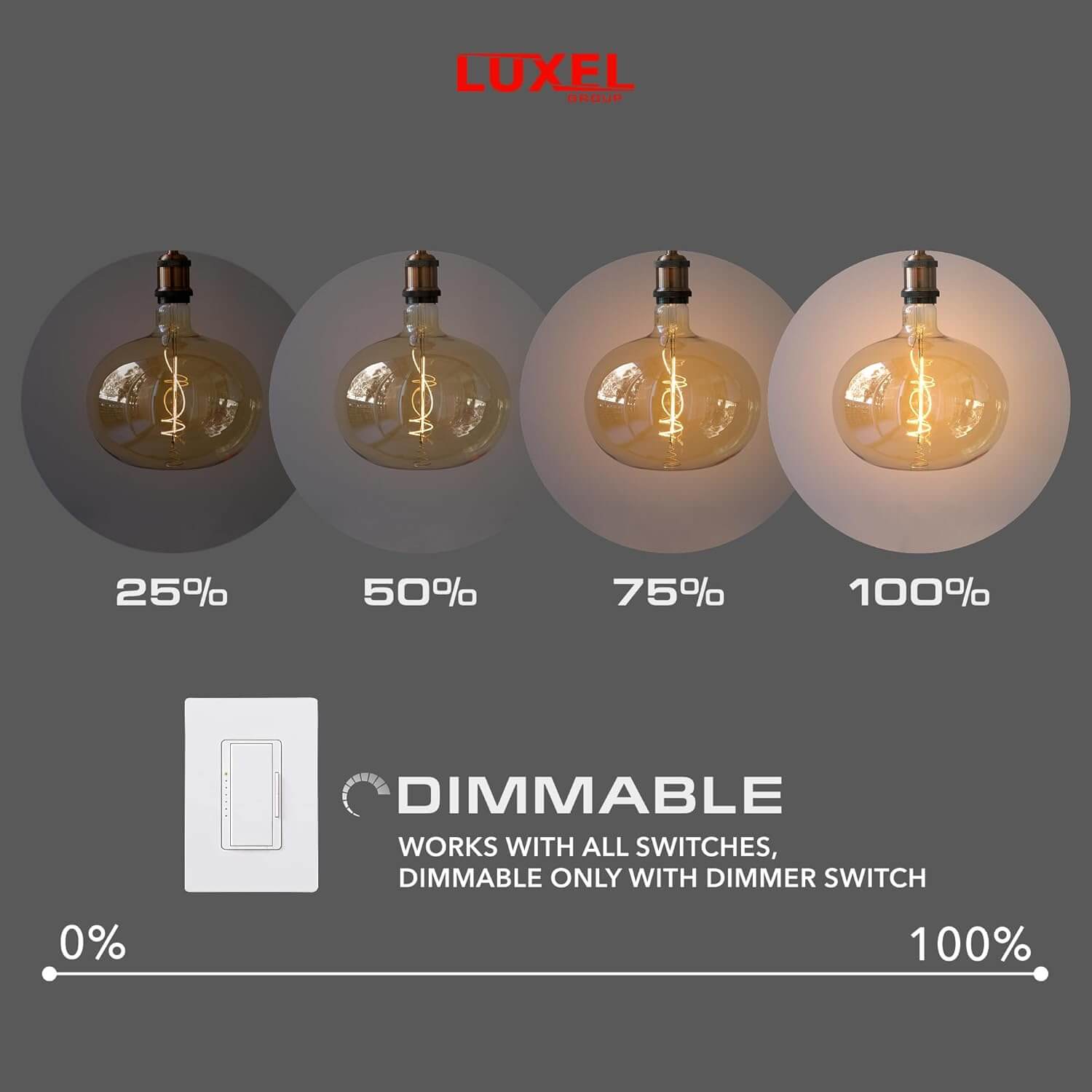 Dimmable Edison LED bulb brightness levels shown from 25% to 100% for flexible ambiance