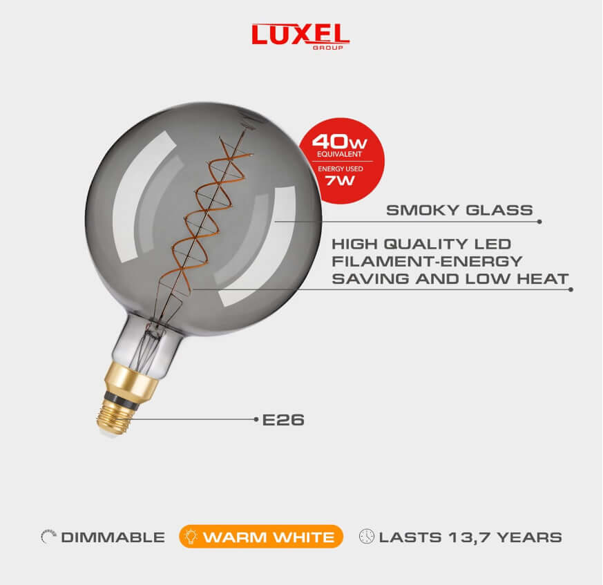Large dimmable Edison bulb in warm minimalist bedroom setup