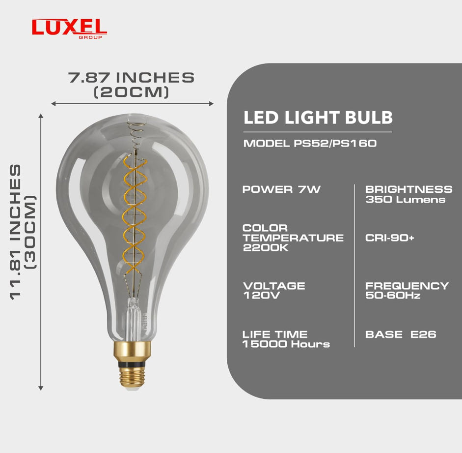 Vintage Edison LED Bulb PS160 – 7W (40W Eq) – 2200K Warm – Dimmable – Smoke Glass