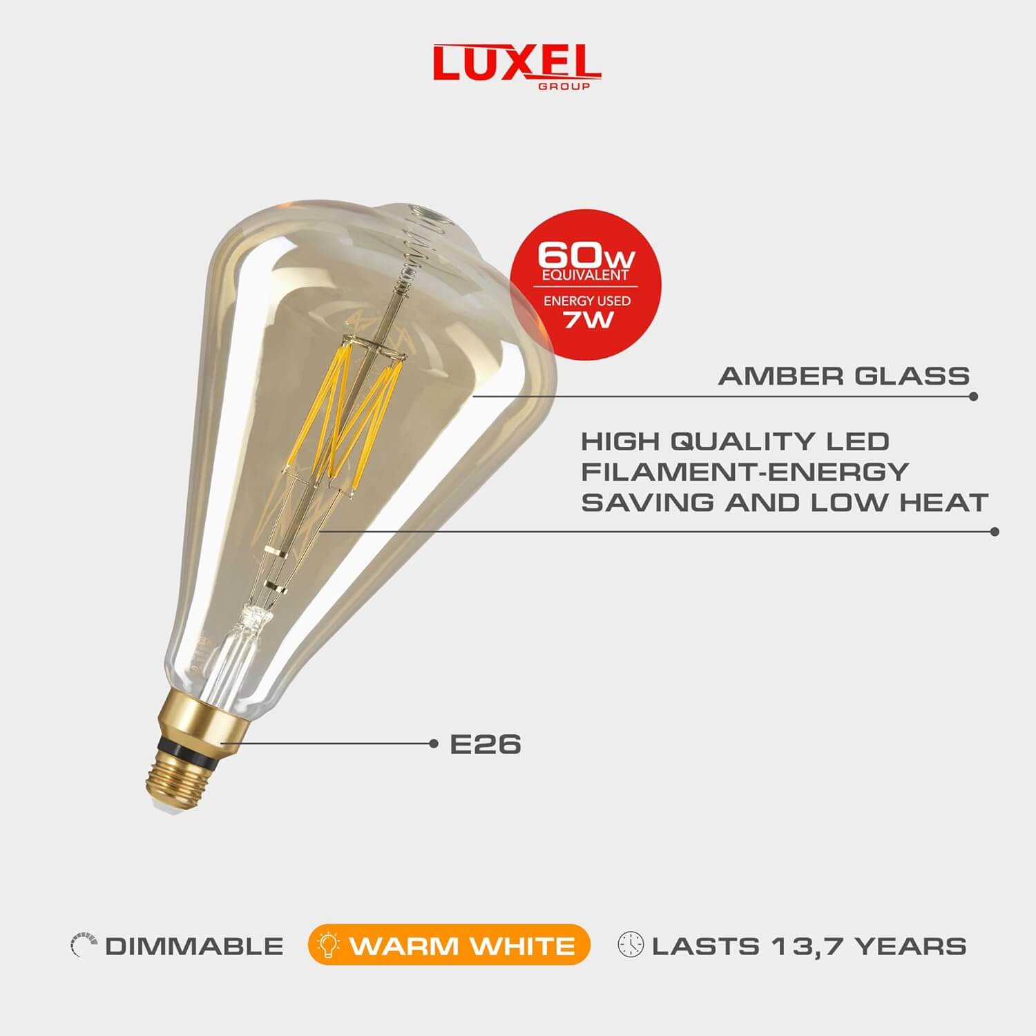 ST164 Gold bulb features: amber glass, energy saving filament, dimmable