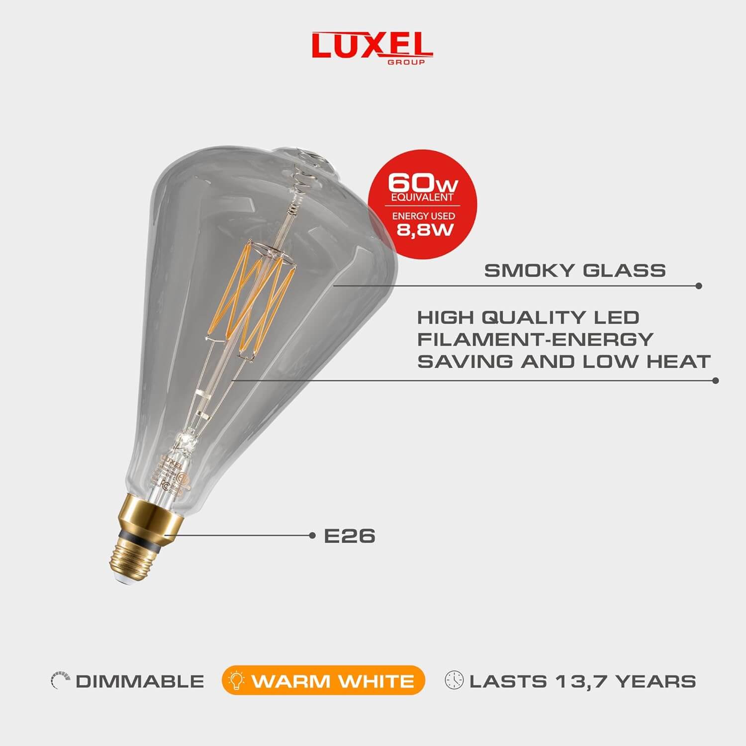 Detailed callouts highlighting ST164 LED bulb’s smoky glass, dimmability, and energy efficiency