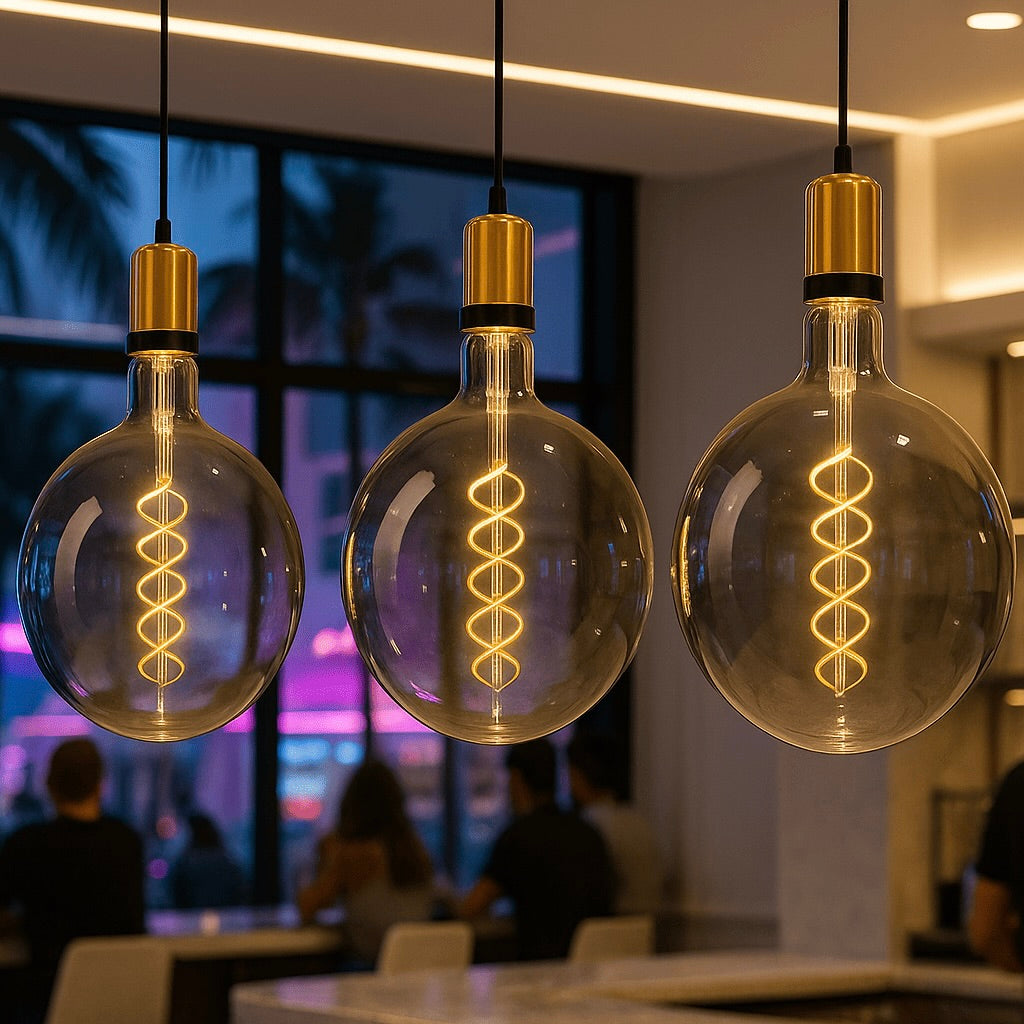 Three hanging light bulbs with a blurred indoor background