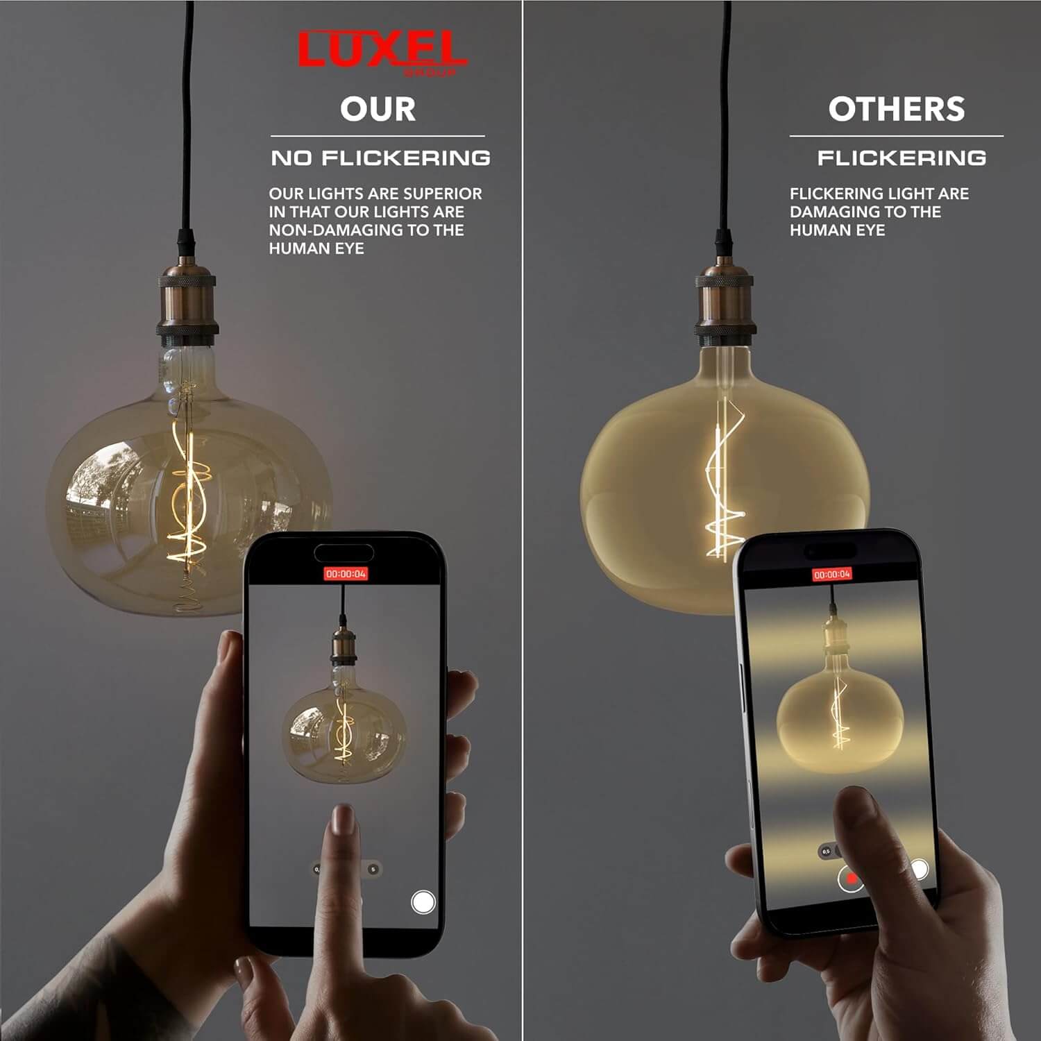 Comparison of Luxel Edison LED bulb with no flicker vs standard flickering bulb for eye safety